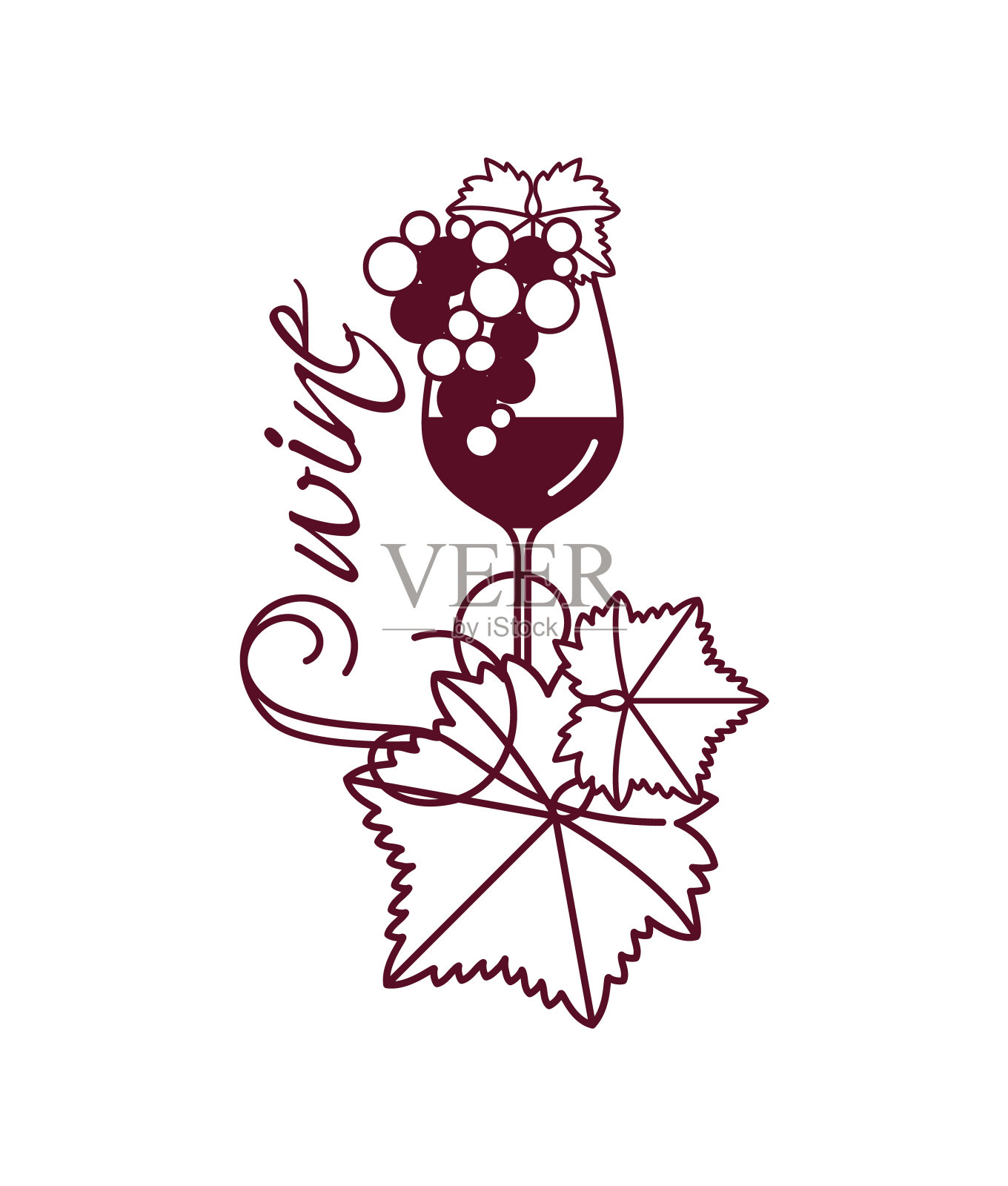 一个酒杯和一串带叶子的葡萄。线性矢量图菜单，品酒，酒单。插画图片素材