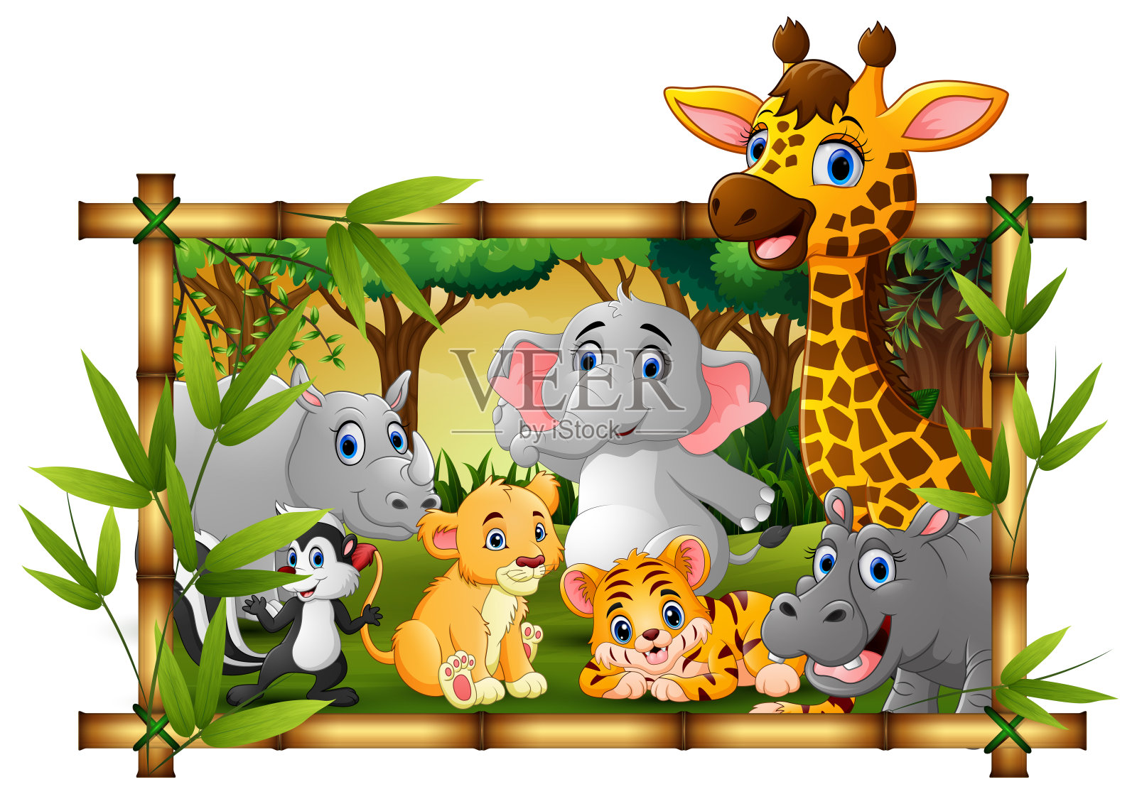 快乐的动物在框架森林插画图片素材