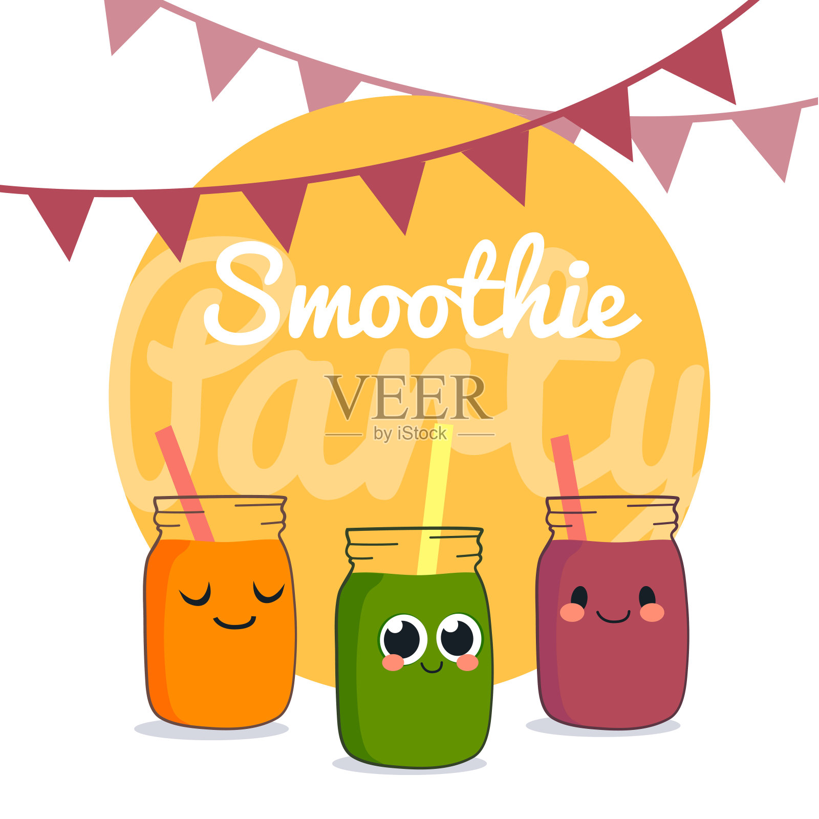 水果奶昔派对。橙汁、绿汁和莓汁。不同的新鲜饮品菜单，健康生活。插画图片素材