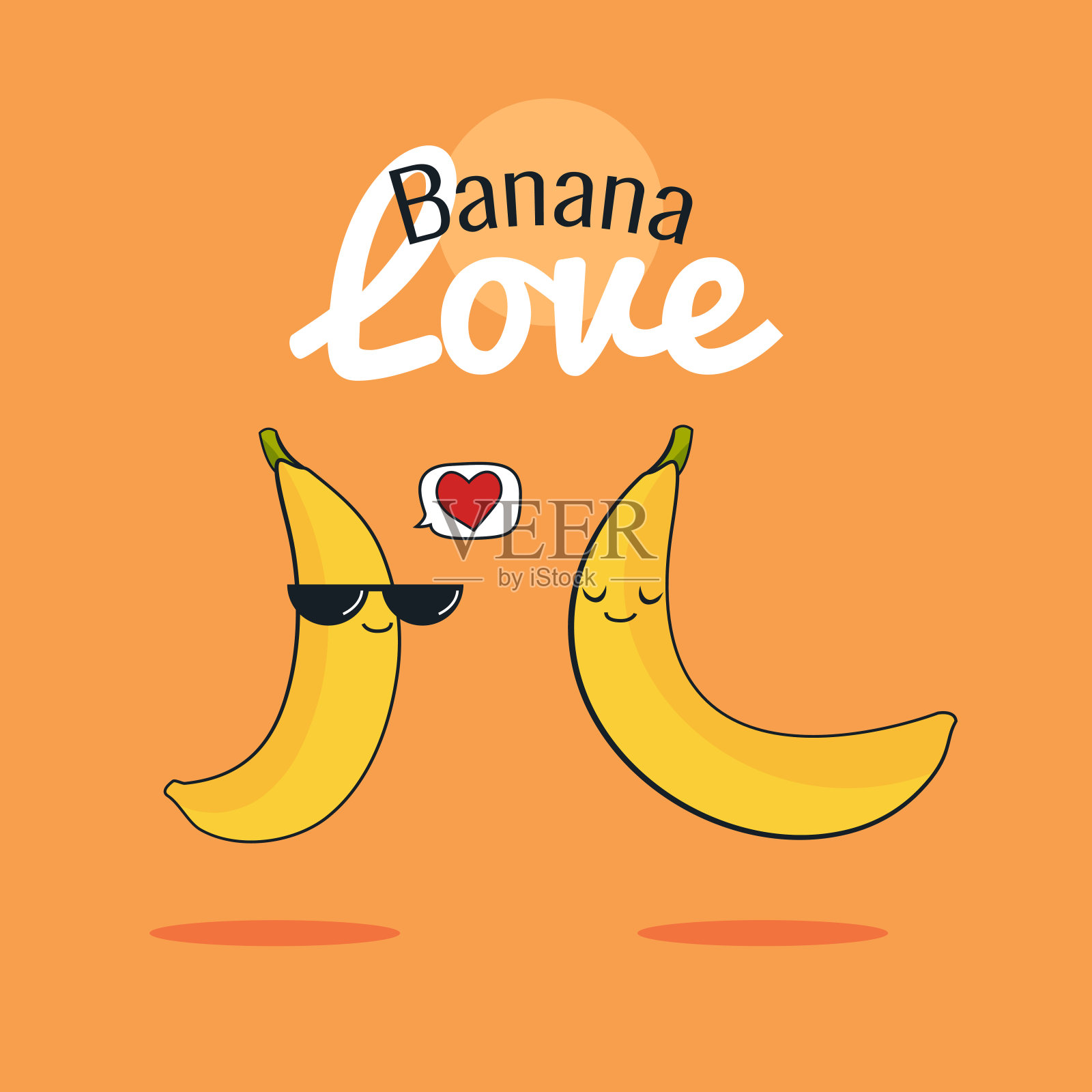 香蕉卡通人物，可爱的水果夫妇，复古海报平面设计与矢量插图插画图片素材