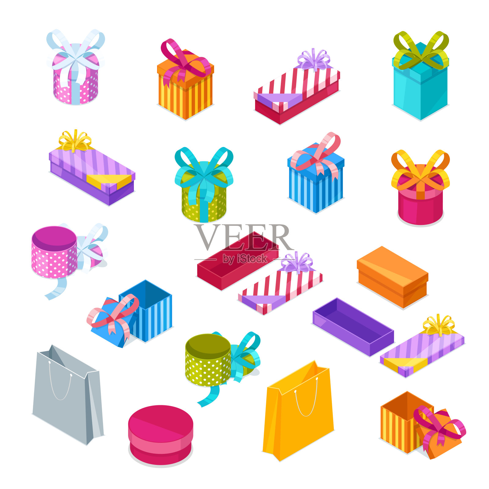 多色礼盒，矢量3d风格等距图标。打开和关闭节日礼物插画图片素材