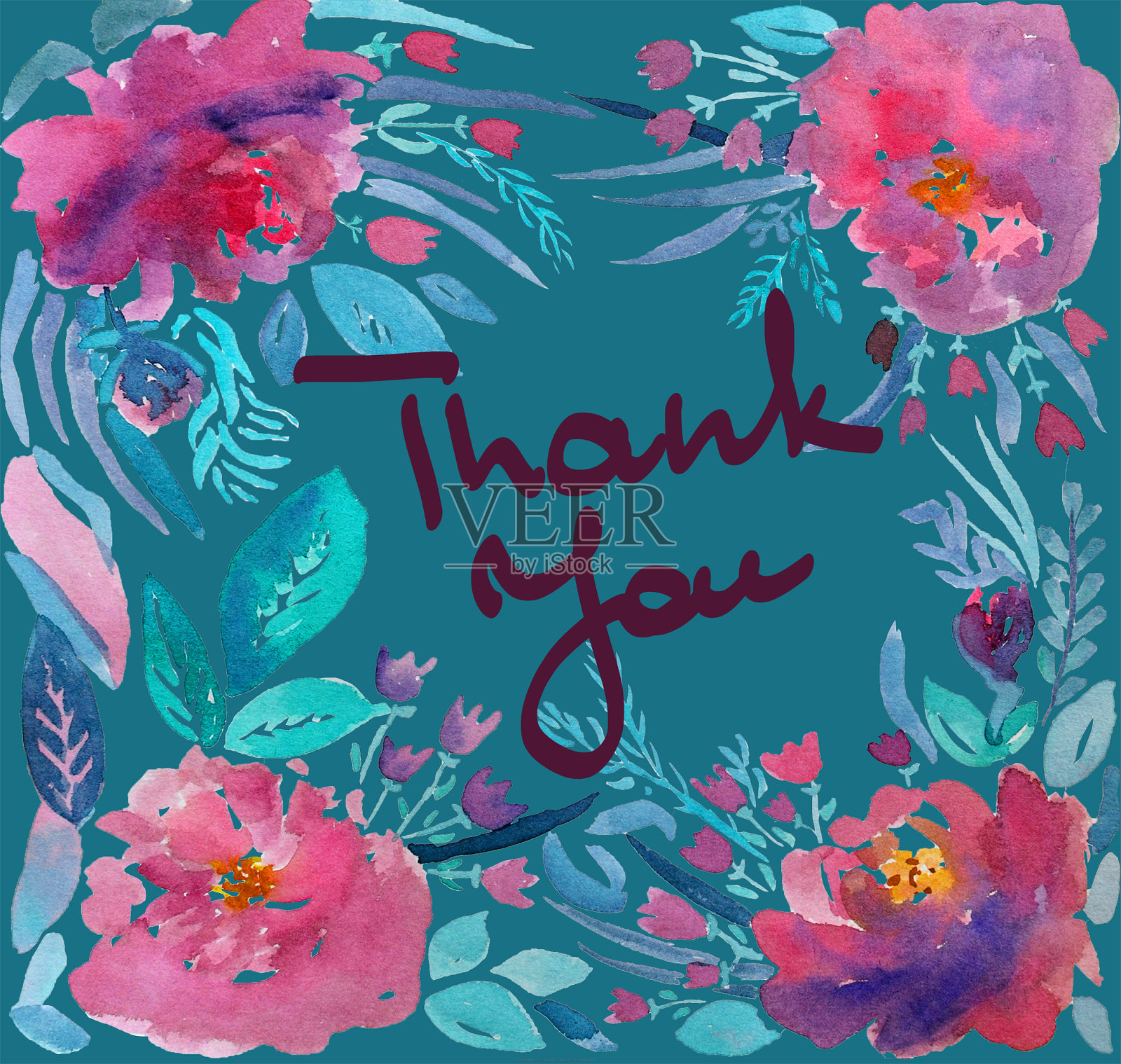 贺卡与鲜花装饰和手写的字母谢谢你水彩插画图片素材