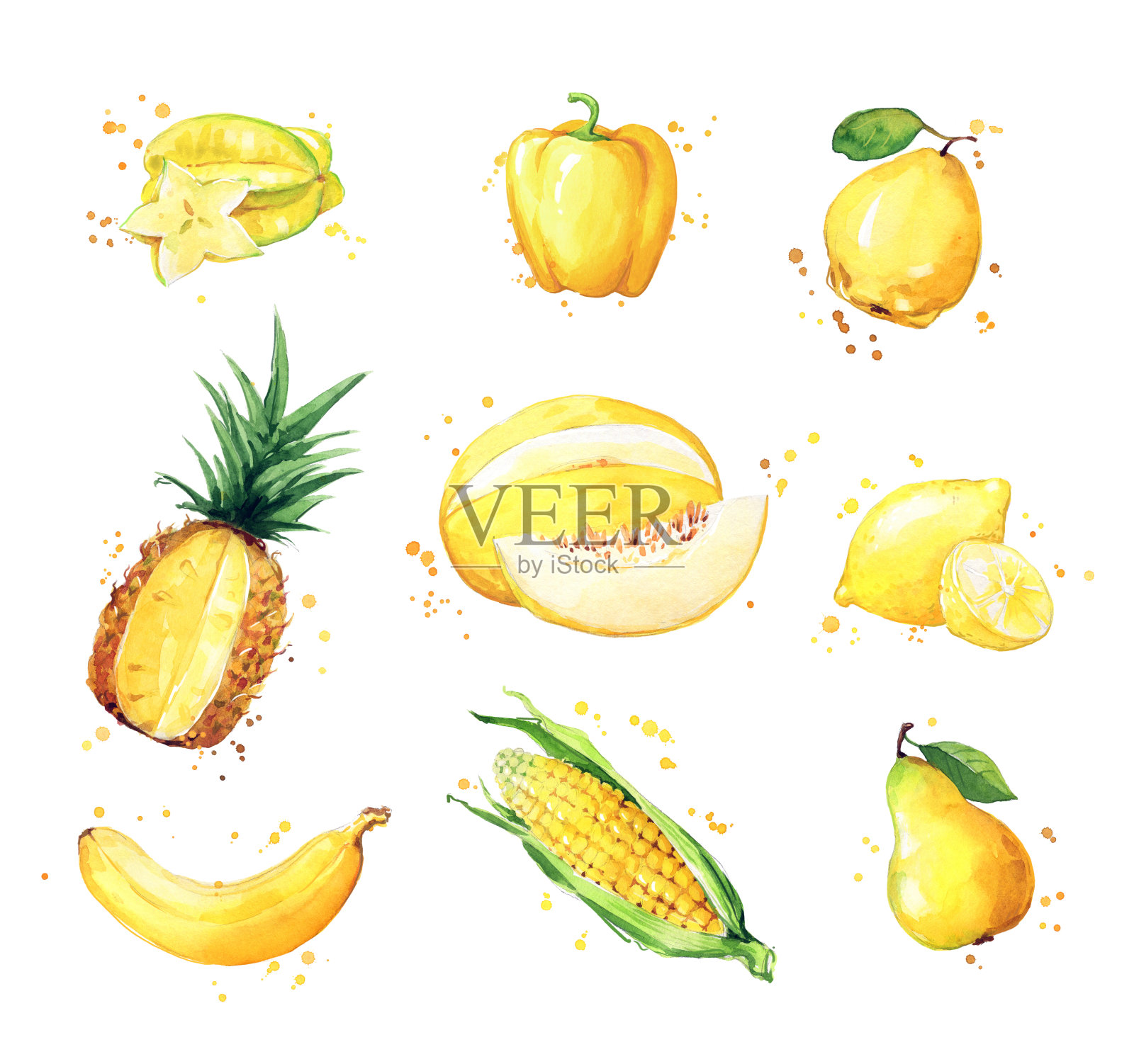 各种黄色食品，水彩水果和蔬菜插画图片素材