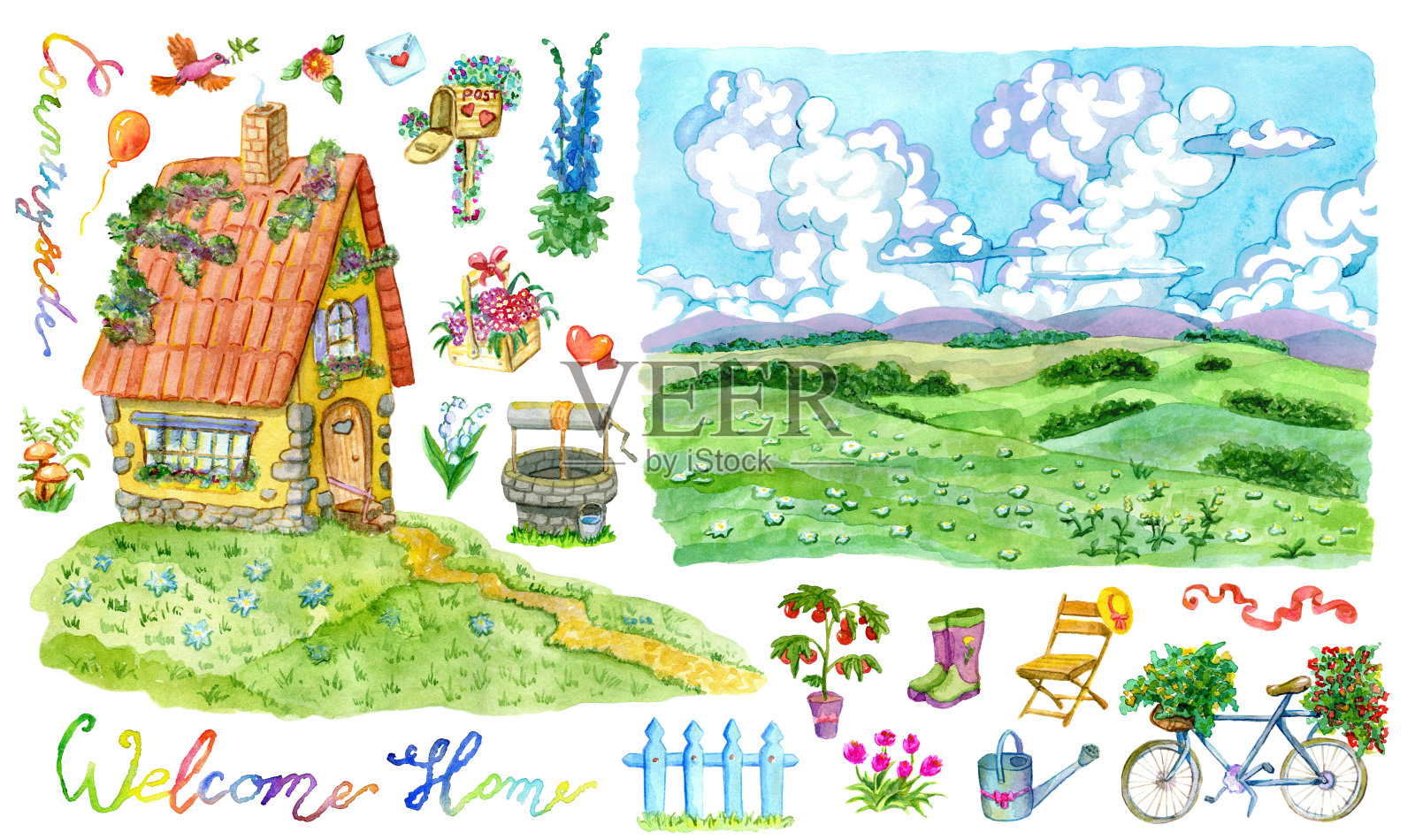 设计设置可爱的小屋，夏季景观，花园对象孤立在白色插画图片素材