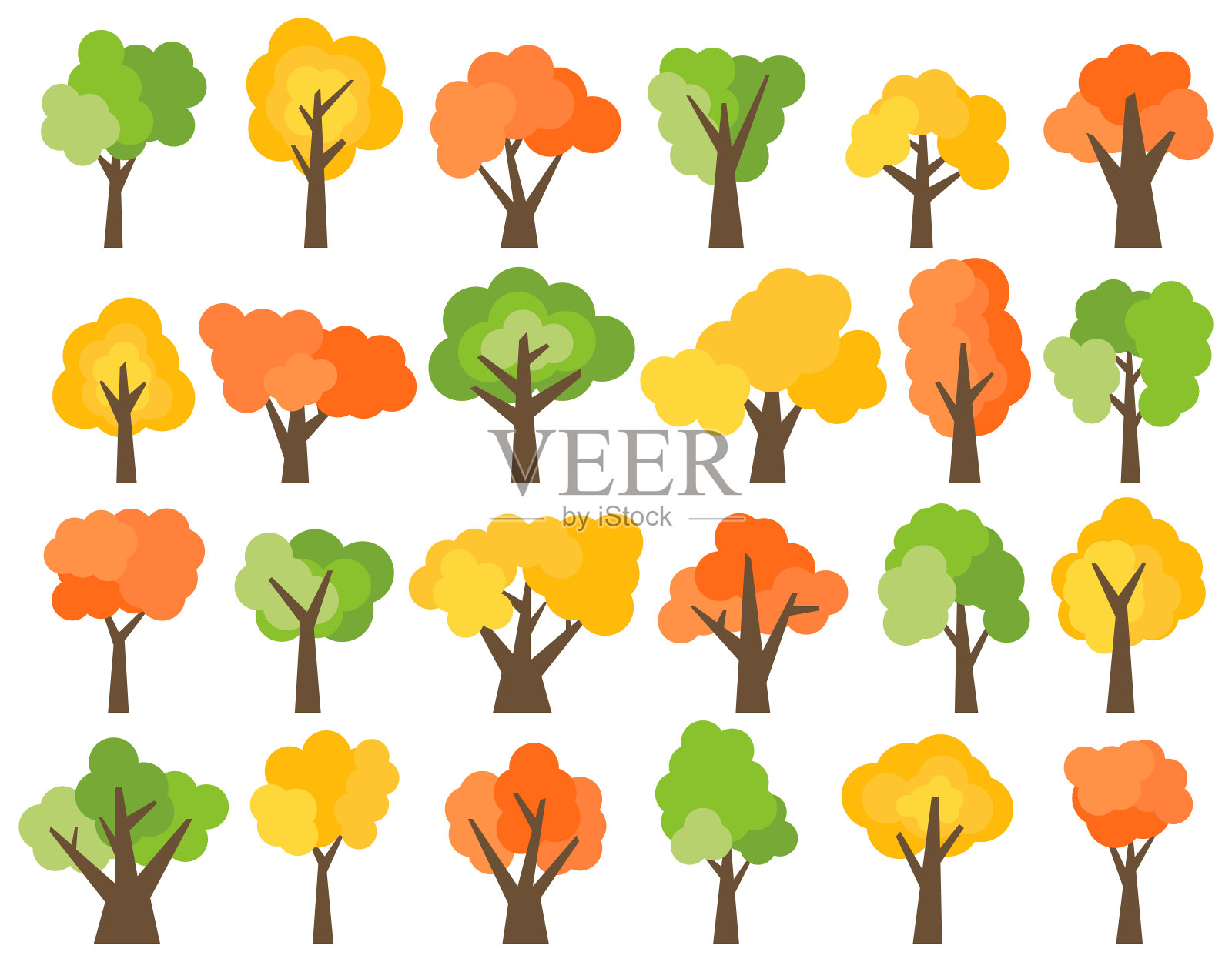 一组24棵绿色，黄色和红色的树插画图片素材