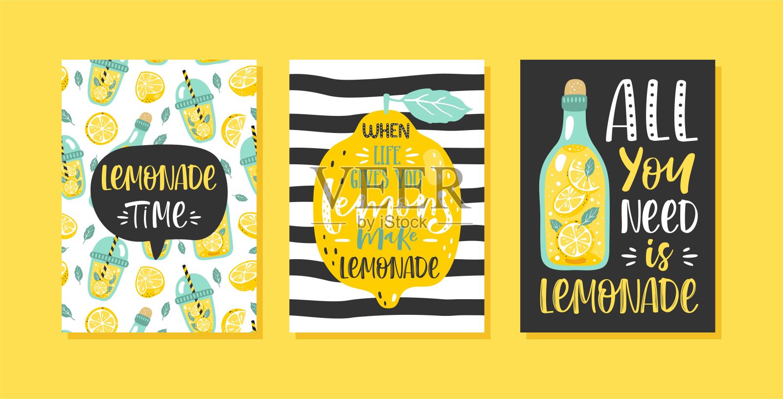 一套三张手绘卡片。动机海报与现代书法，柠檬，柠檬水和手写字母。插画图片素材