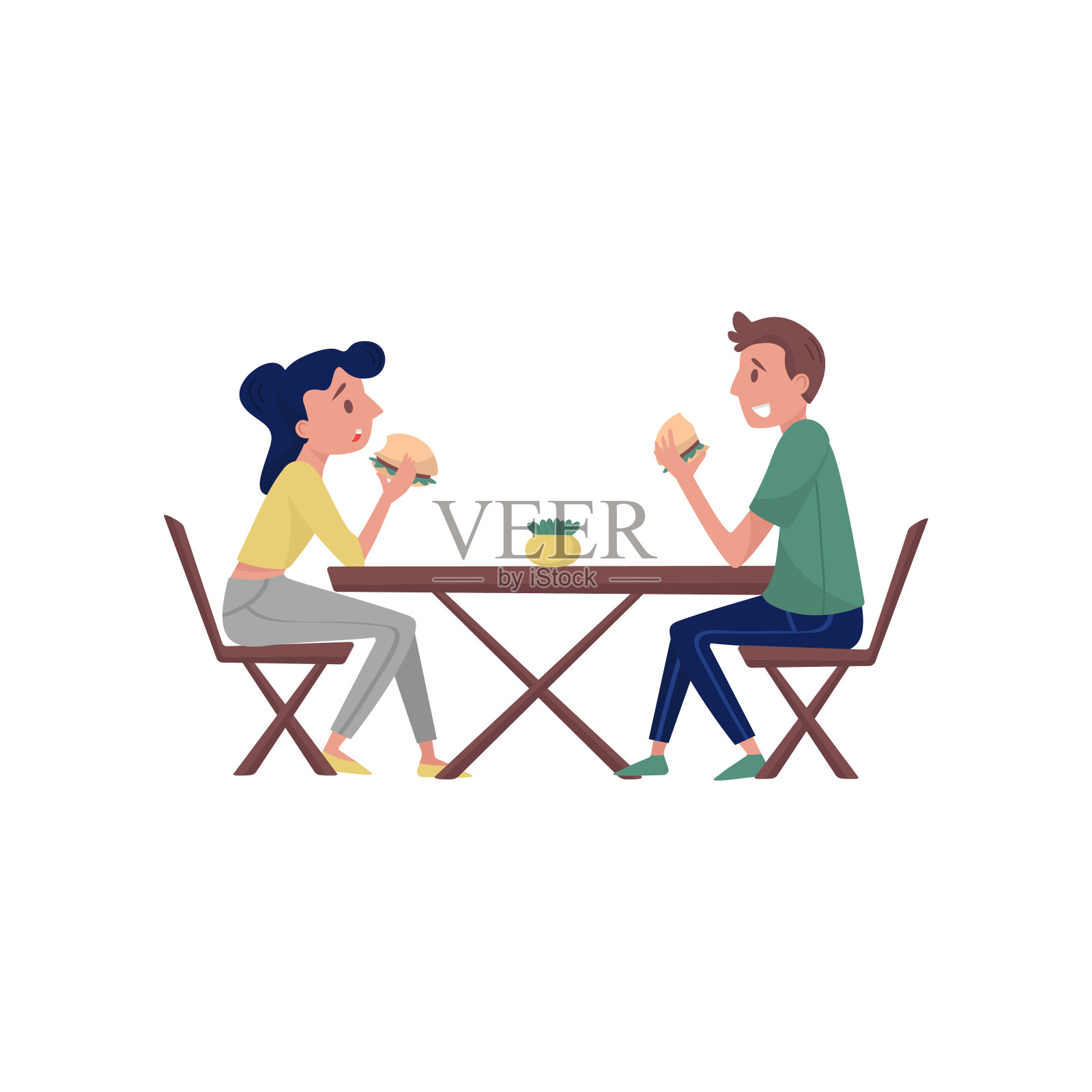 一对年轻夫妇坐在木桌后面，吃着美味的汉堡。午餐时间。快餐的主题。平面向量的设计插画图片素材
