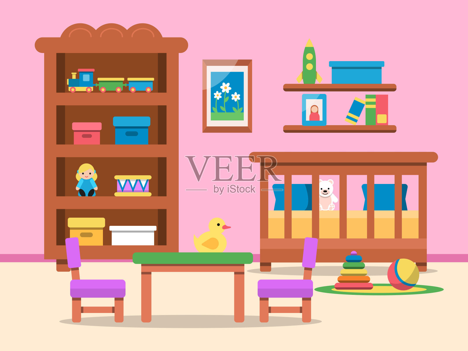 矢量图片的儿童房间内部。床，桌子和各种玩具插画图片素材