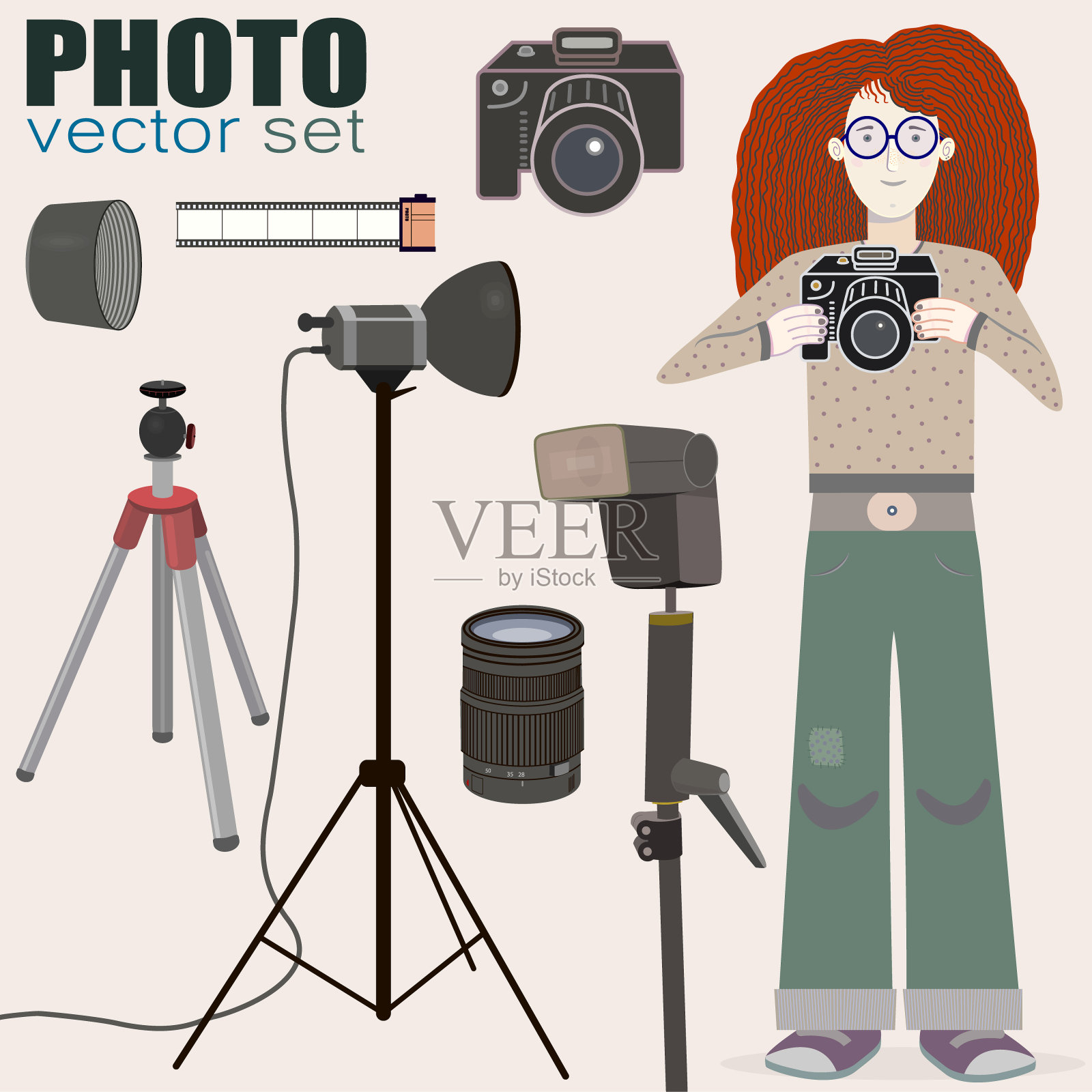 酷向量摄影设备和奖金-红发女孩摄影师插画图片素材