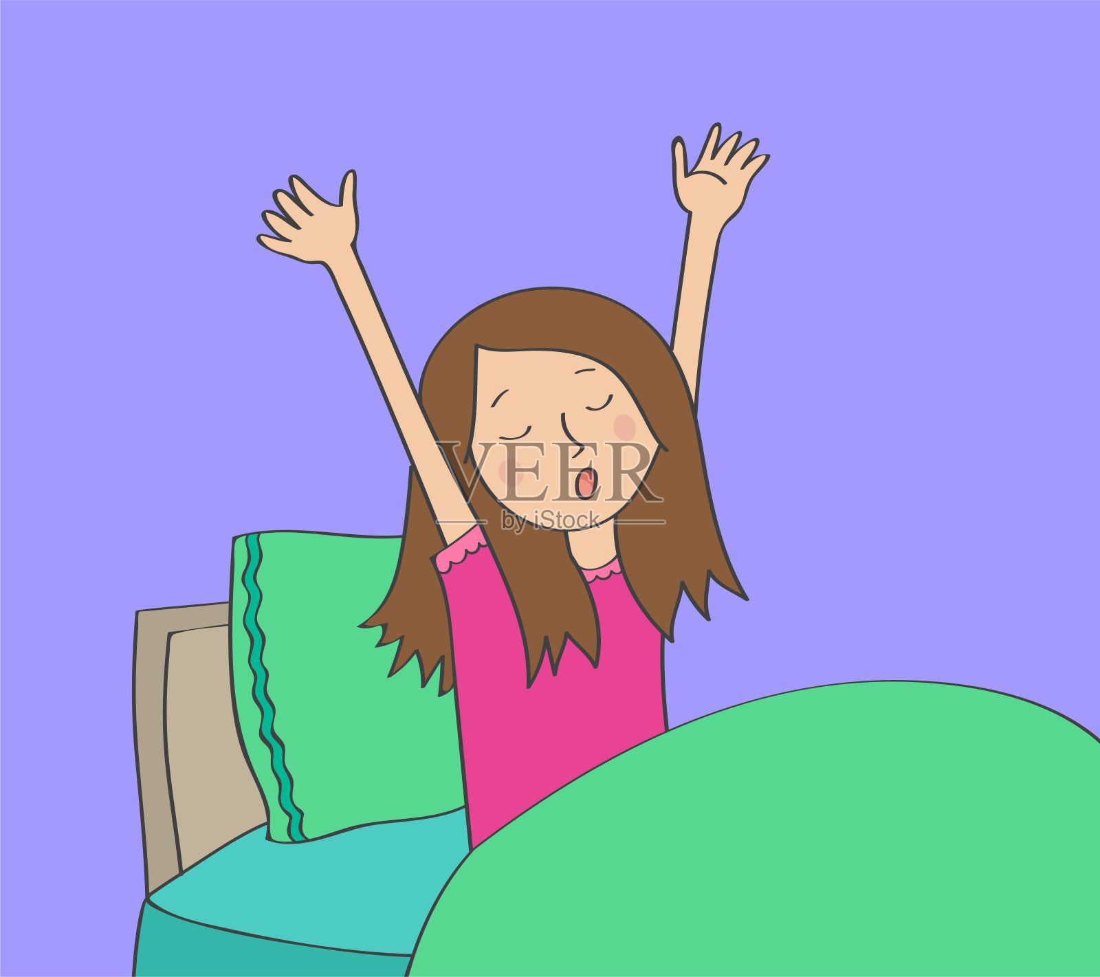 昏昏欲睡的年轻女子在床上打哈欠和伸懒腰设计元素图片