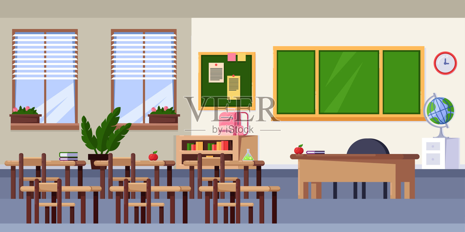 空教室内部，矢量平面插图。学校家具及设计元素。返回学校背景插画图片素材