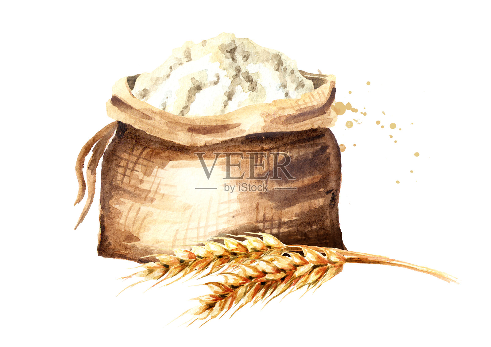 小麦穗和面粉袋。水彩手绘插图，孤立的白色背景插画图片素材