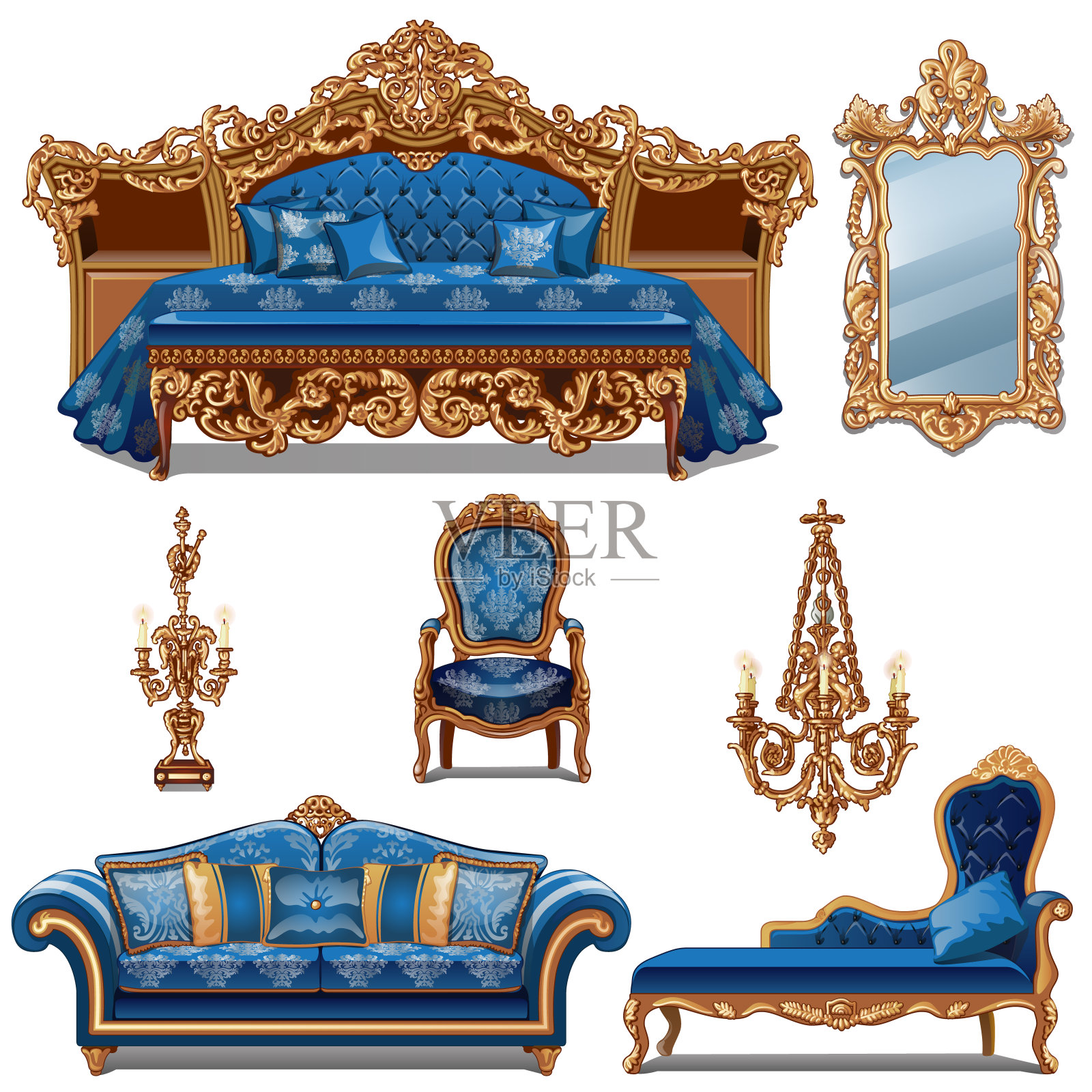 一套家具的蓝色复古室内孤立在白色的背景。矢量卡通特写插图插画图片素材