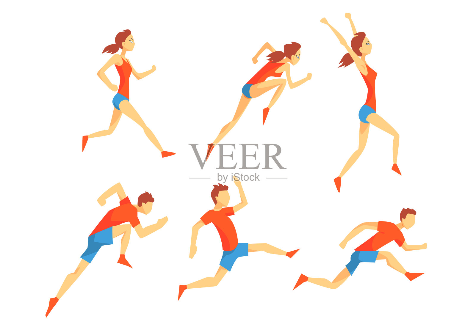 平面向量集与精力充沛的男人和女人在奔跑行动。运动员在运动服装。专业的跑步者。积极运动的人插画图片素材