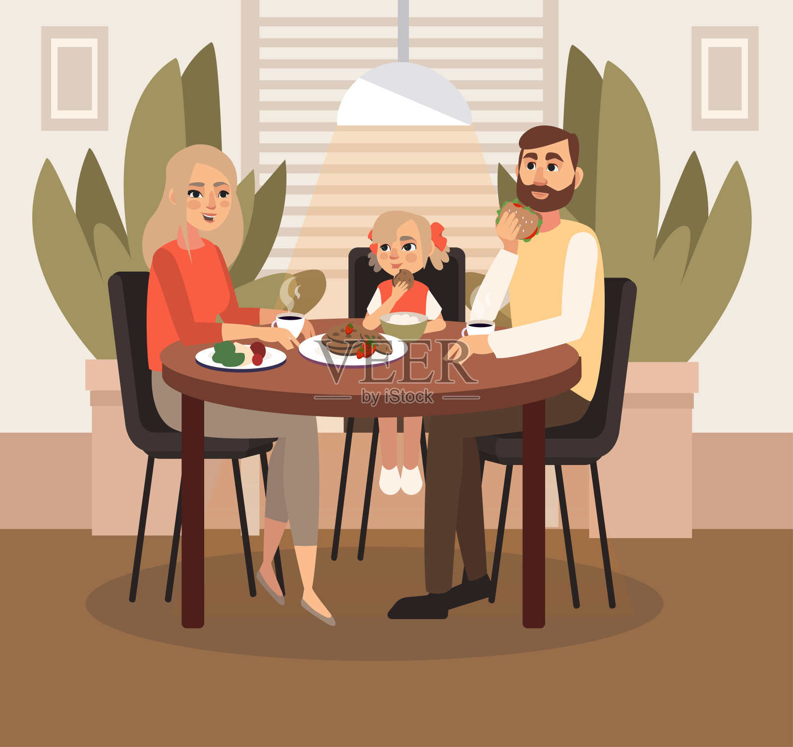 一对已婚夫妇带着一个孩子正在吃早餐。矢量插图。插画图片素材