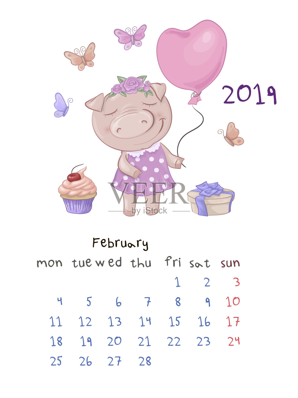 每月创意日历2019与可爱的卡通猪。插画图片素材