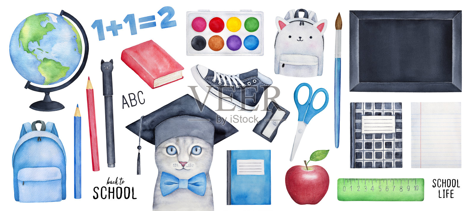 大的“回到学校”集合，有聪明的小猫性格，不同的文具，工具，包，符号，黑板书，颜料盒，抄写本。插画图片素材