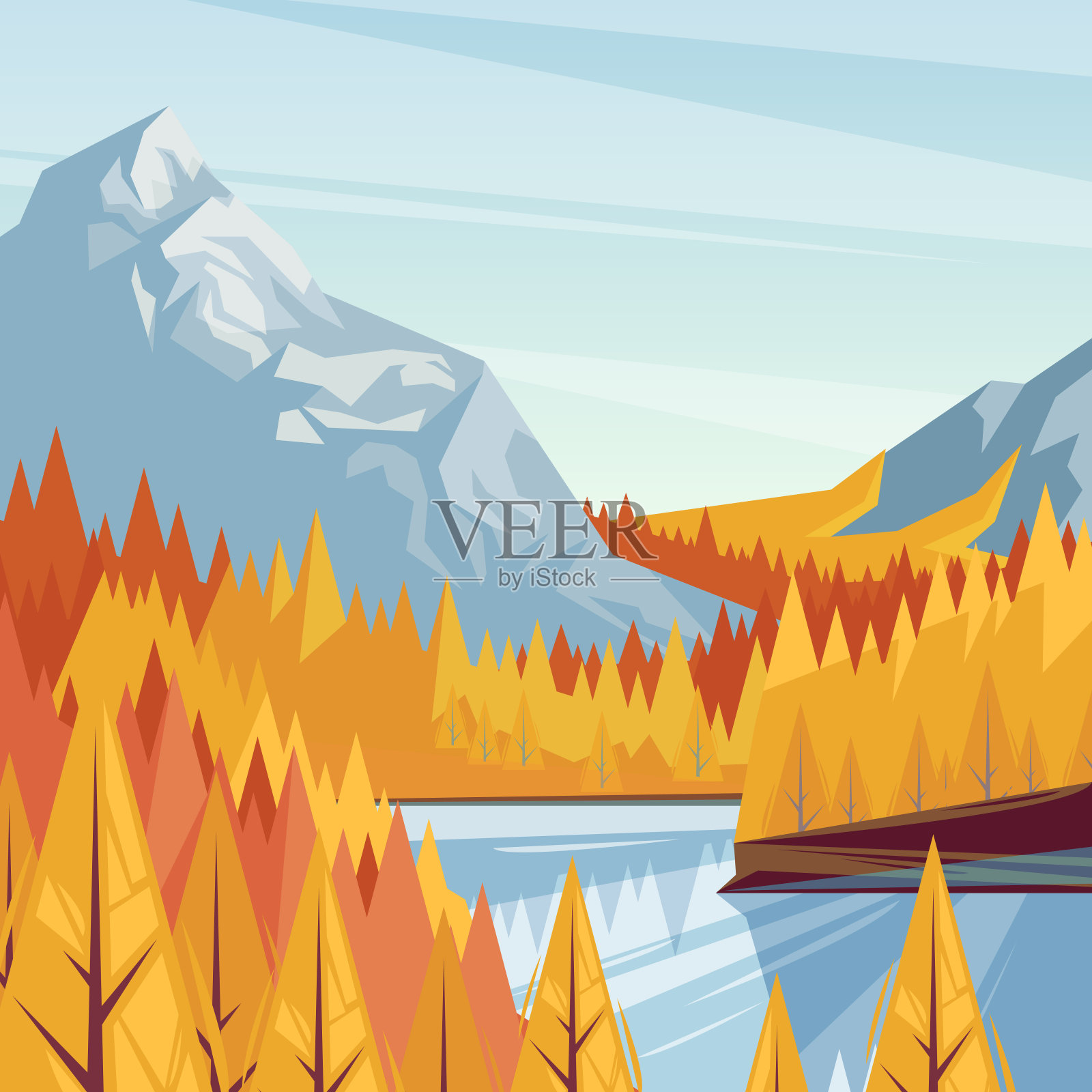 湖在山山谷，矢量下降插图。秋季景观背景。户外旅行的概念。插画图片素材