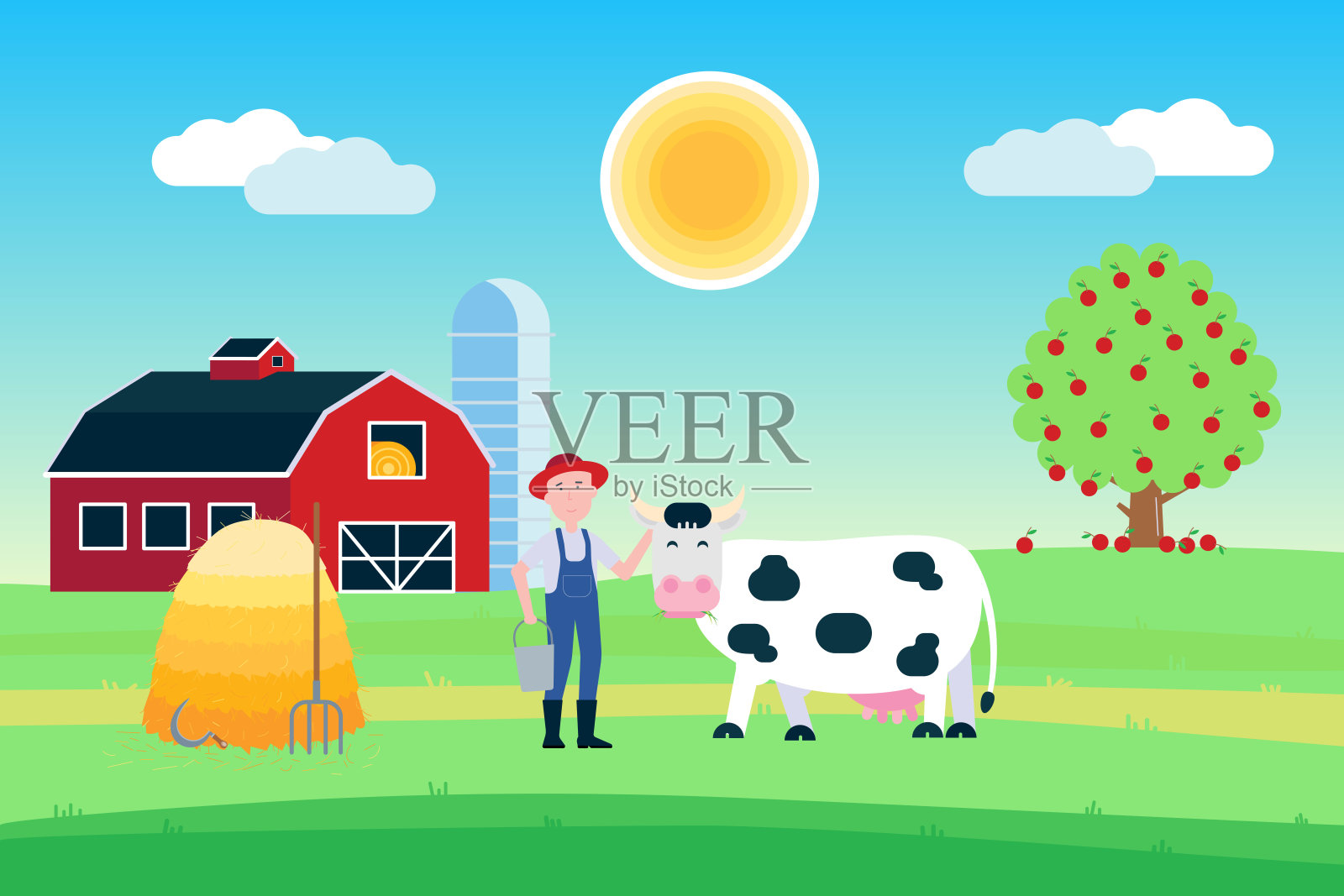 景观与黑白花牛站与草嘴附近的农民和干草堆在前面的红色谷仓平风格矢量插图。蓝天和阳光。奶制品的海报或墙纸插画图片素材