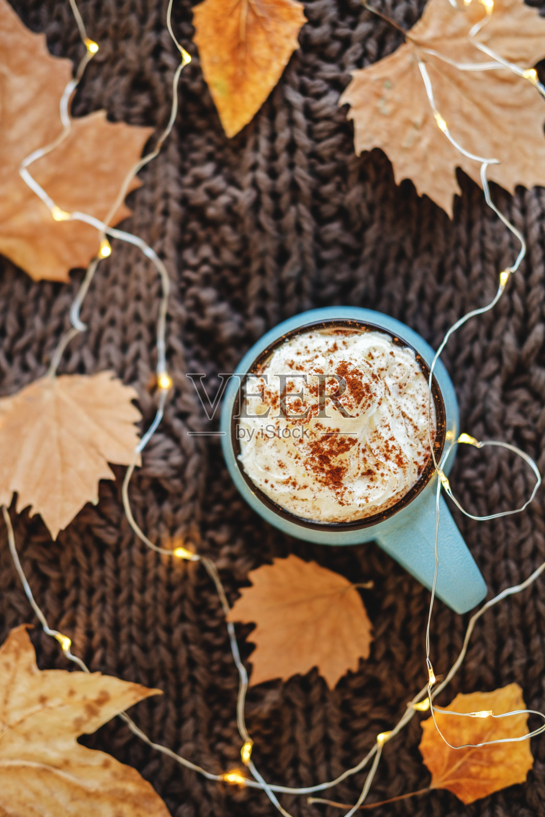 一杯咖啡，可可或热巧克力，加奶油和肉桂，围巾，叶子，花环。南瓜拿铁-寒冷的秋天或冬天的舒适饮料。照片摄影图片