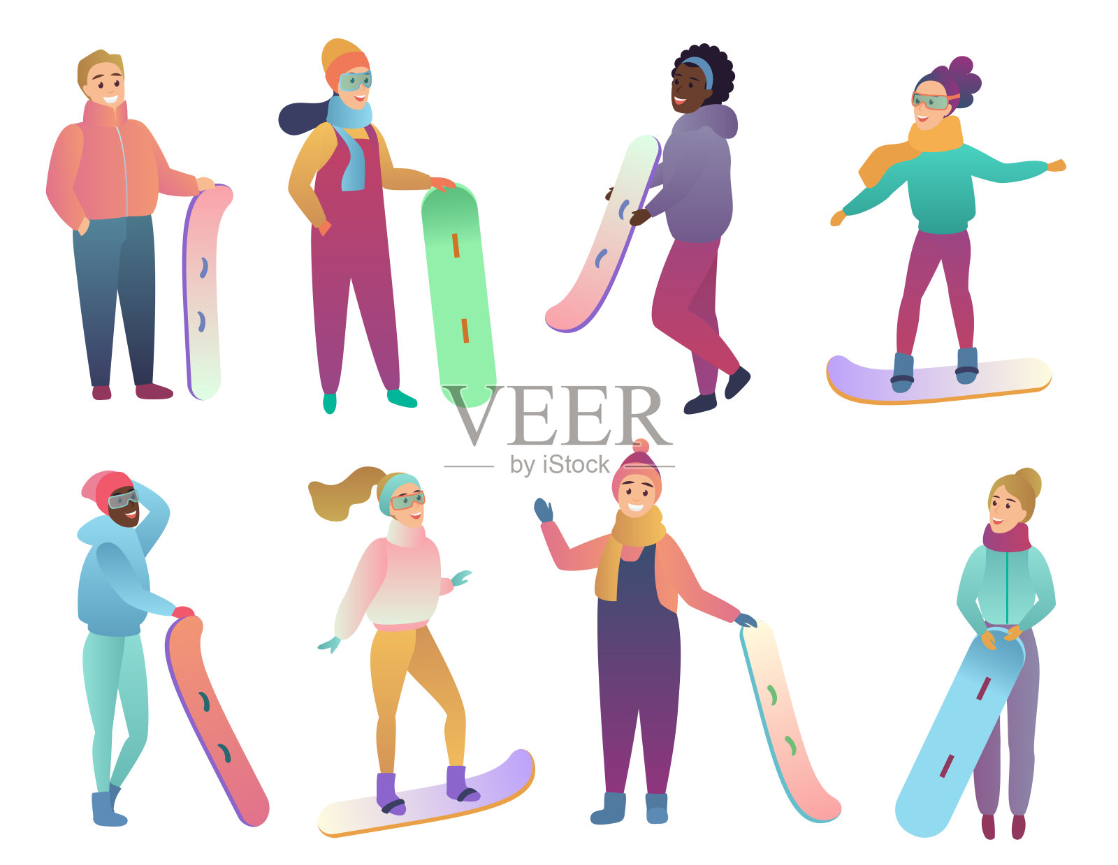 一群卡通滑雪者。滑雪板。时尚梯度平面颜色矢量插图。冬季活动休闲运动。插画图片素材