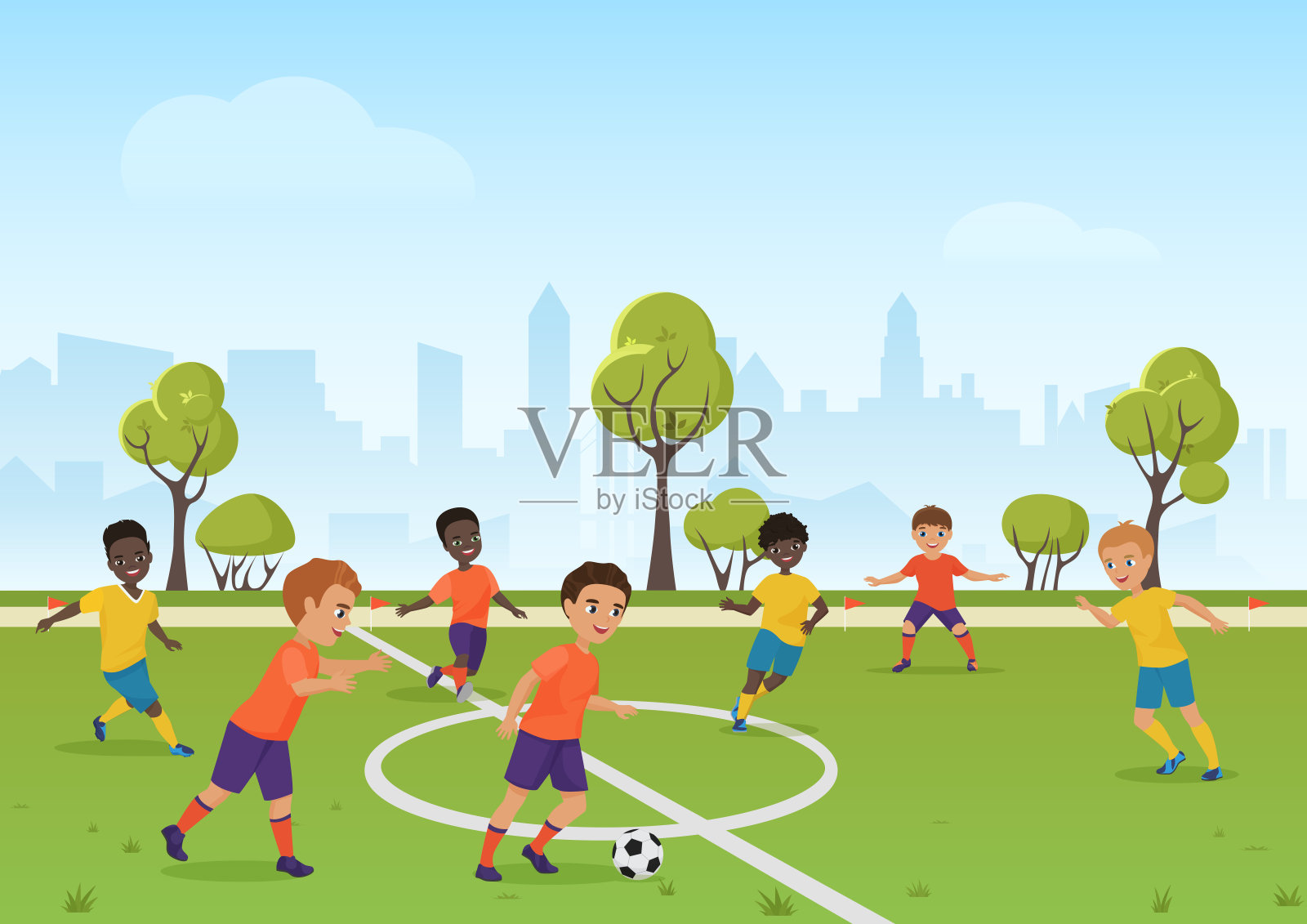 孩子足球比赛。男孩子们在学校操场上踢足球。卡通矢量插图。插画图片素材