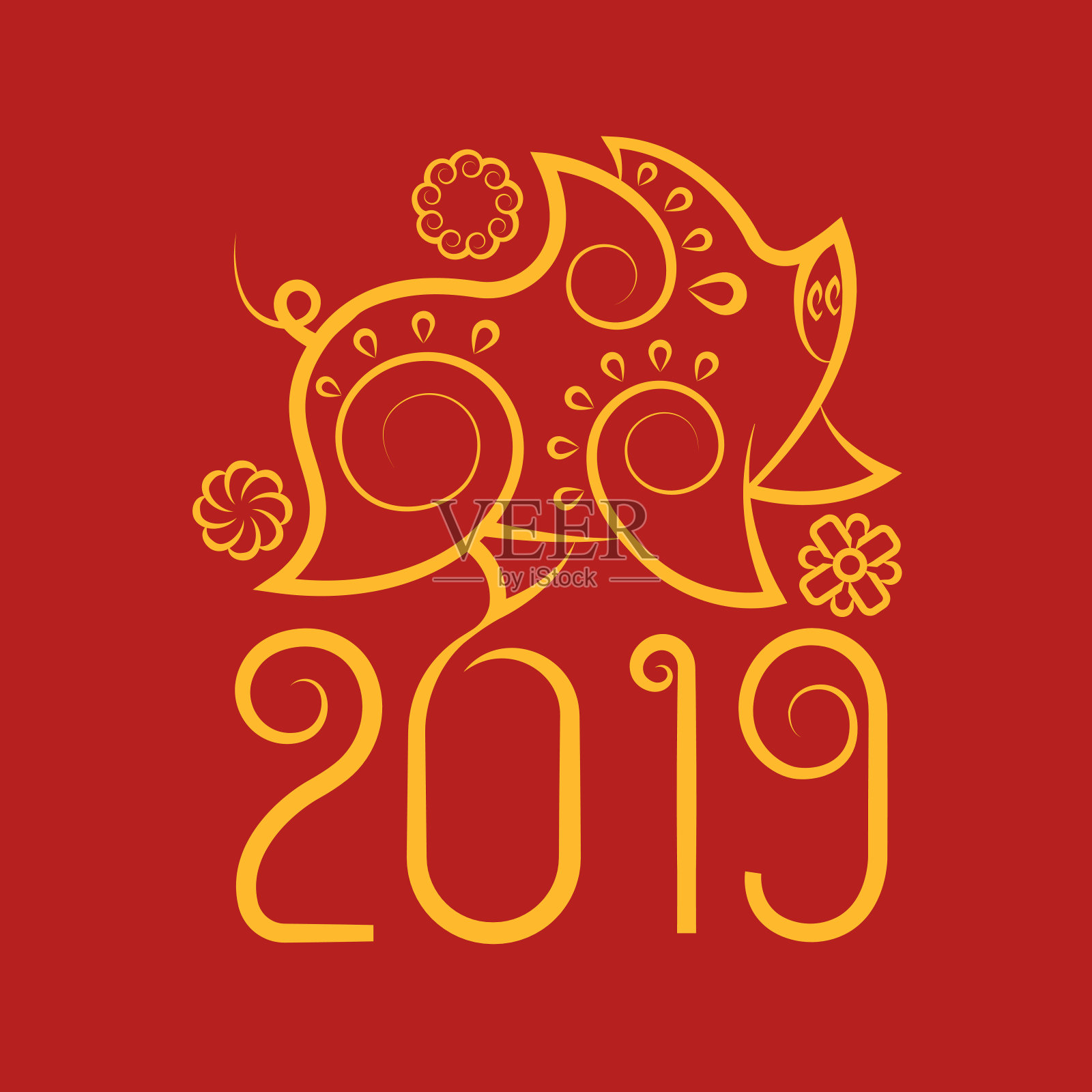 中国新年猪2019金线红色背景。设计中国传统生肖艺术装饰插画图片素材