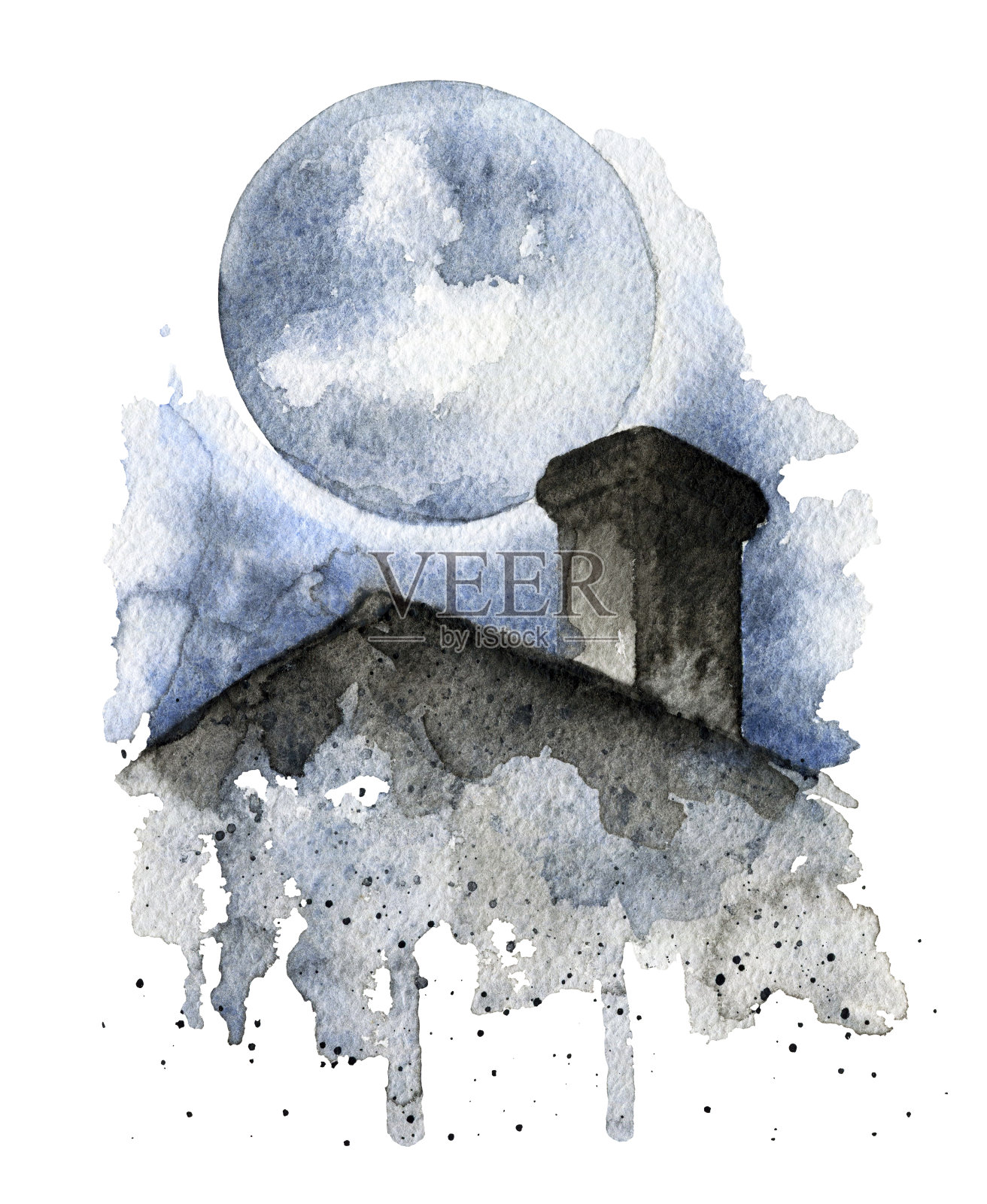 黑暗的夜空和满月上屋顶的剪影插画图片素材
