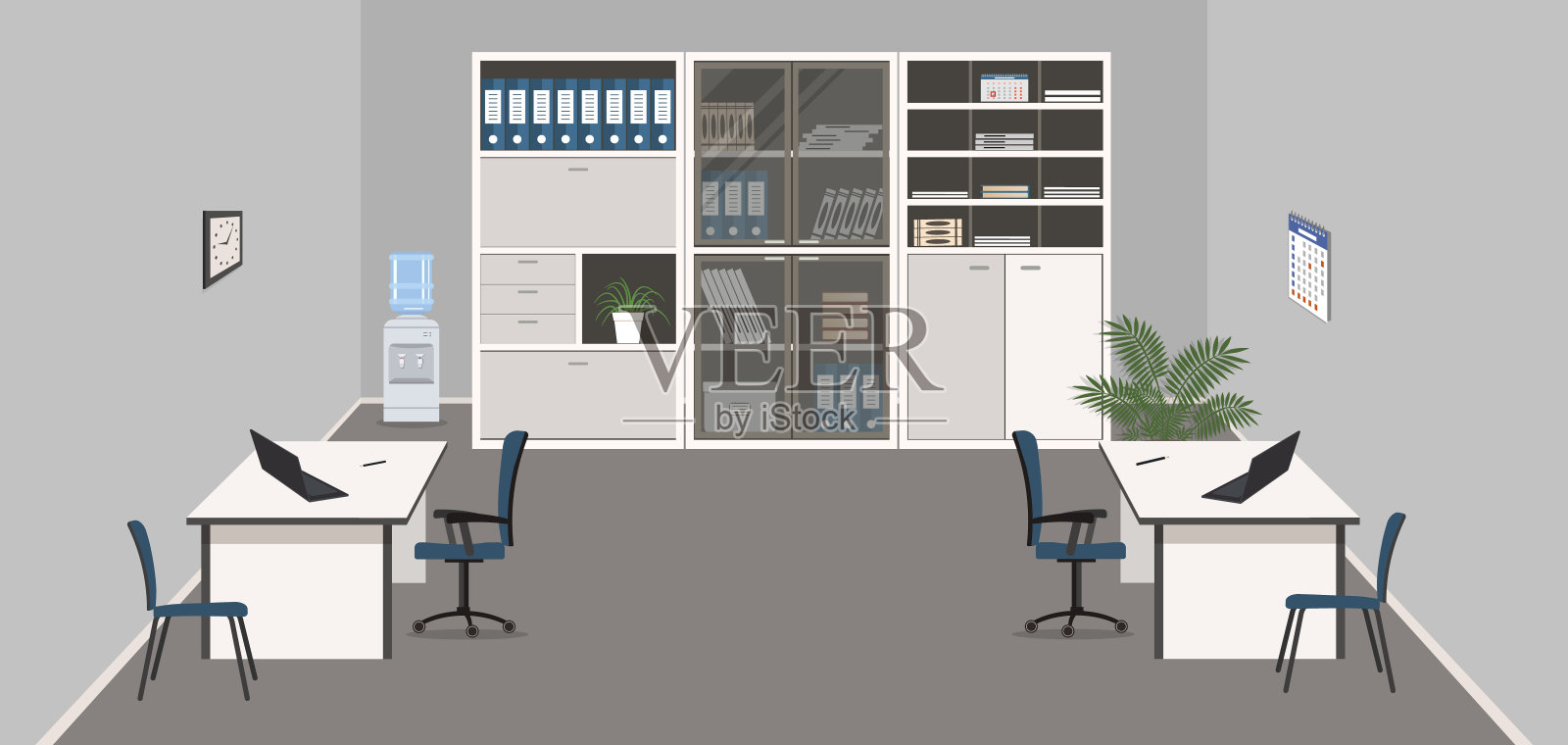 灰色办公室，白色家具插画图片素材