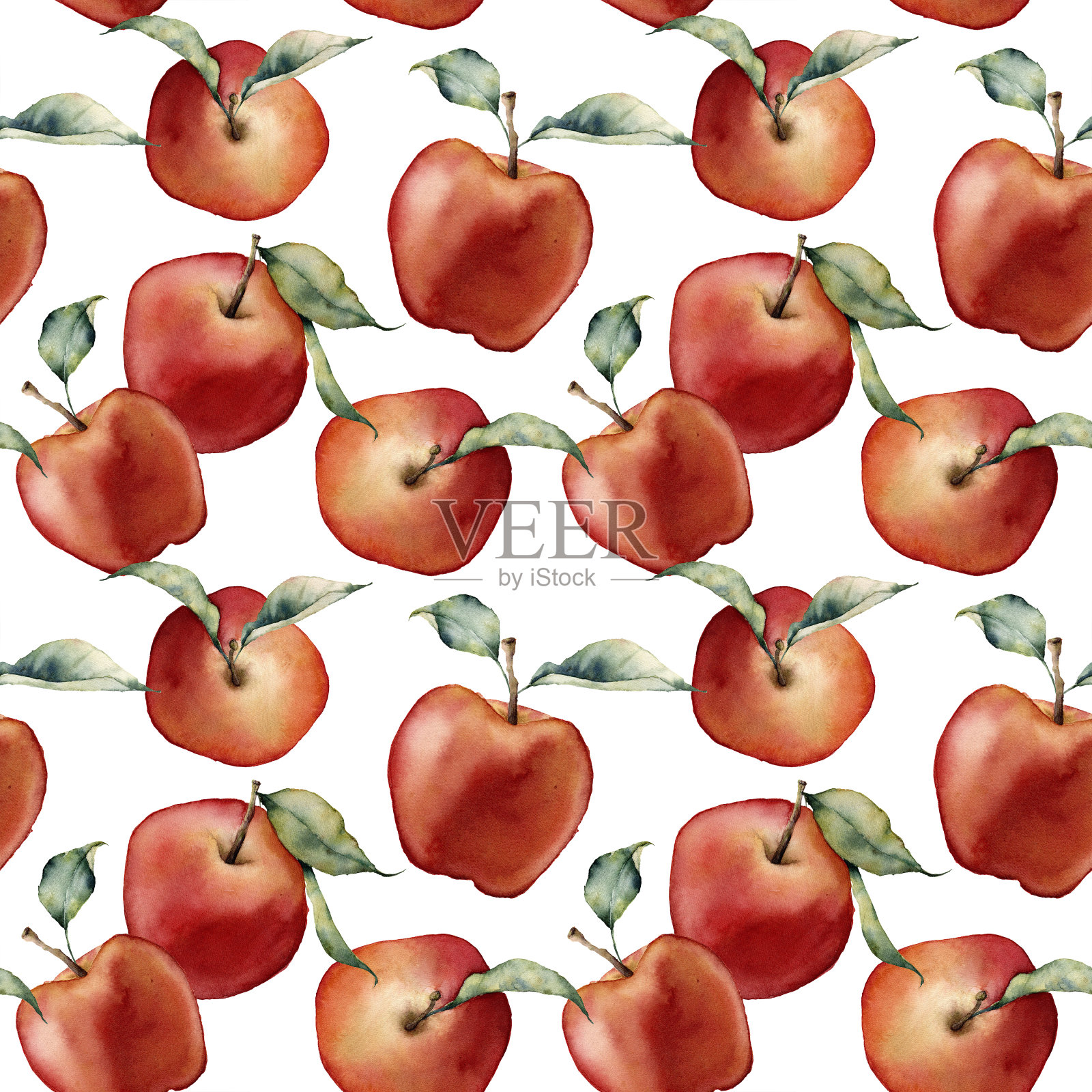 水彩苹果无缝图案。手画红苹果与树叶孤立在白色的背景。植物食品插图设计，印刷或背景设计元素图片
