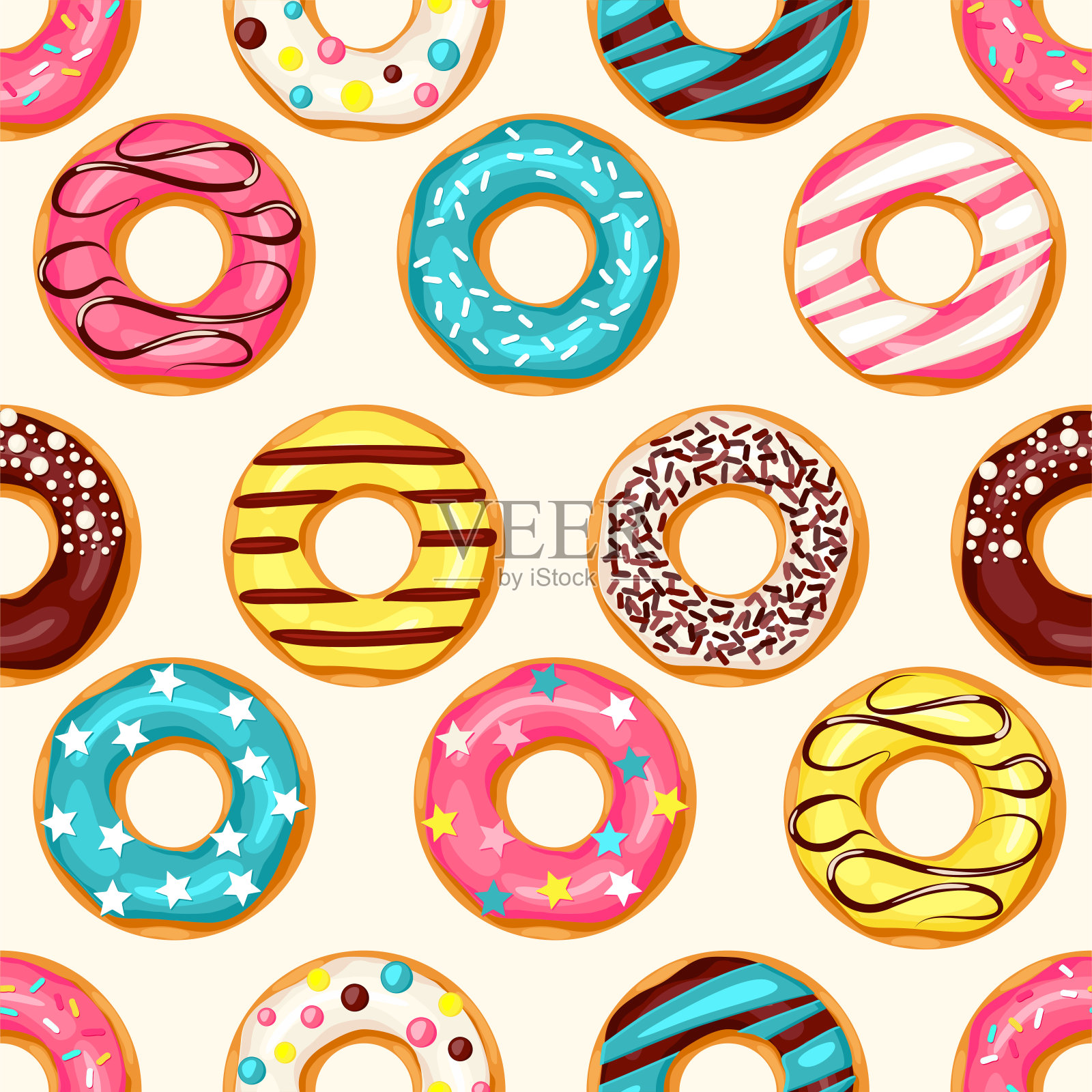 无缝模式。粉色甜甜圈，巧克力甜甜圈，柠檬和蓝色薄荷甜甜圈，不同的点缀在白色的背景上设计元素图片