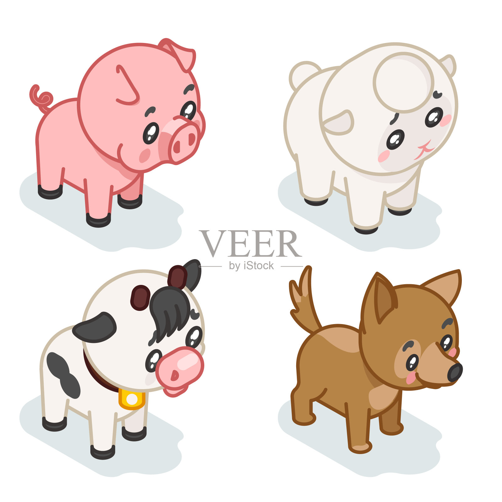 农场动物幼崽等距3d可爱的婴儿卡通平面设计图标设置矢量插图设计元素图片