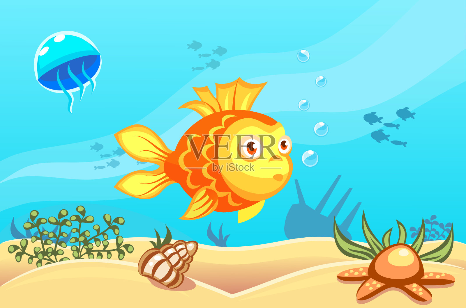 金鱼在水下矢量世界背景与水母，鱼，海藻，船，沙，海贝和海星的插图插画图片素材