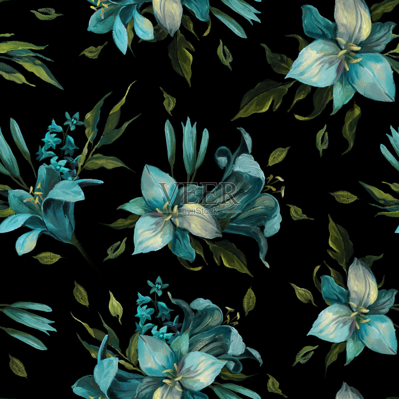 深蓝色背景上的蓝色花朵和叶子的无缝图案，用于贺卡和婚礼贺卡插画图片素材
