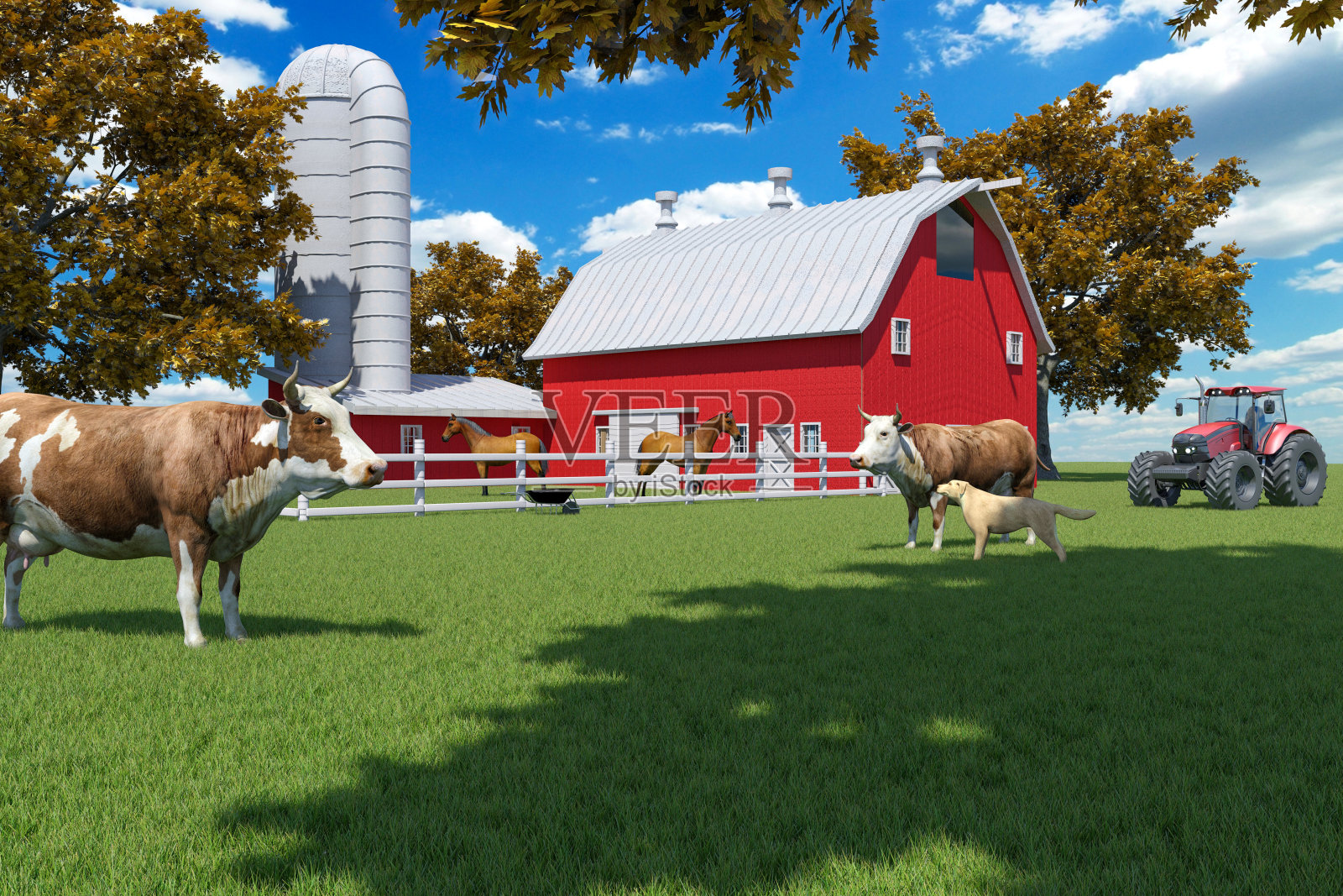 农场场景与红色谷仓和农场动物照片摄影图片