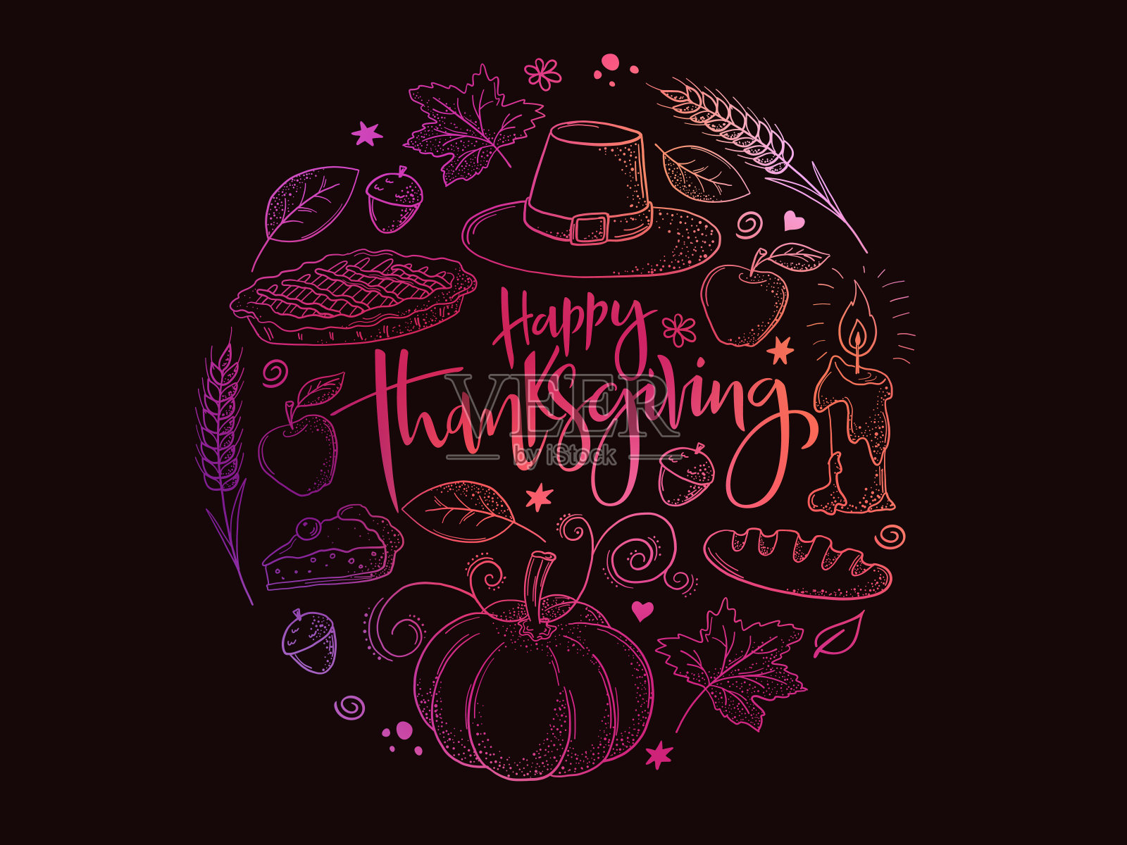 矢量问候感恩节横幅与手写标签-感恩节快乐-与明亮的涂鸦感恩节元素在一个圆圈插画图片素材