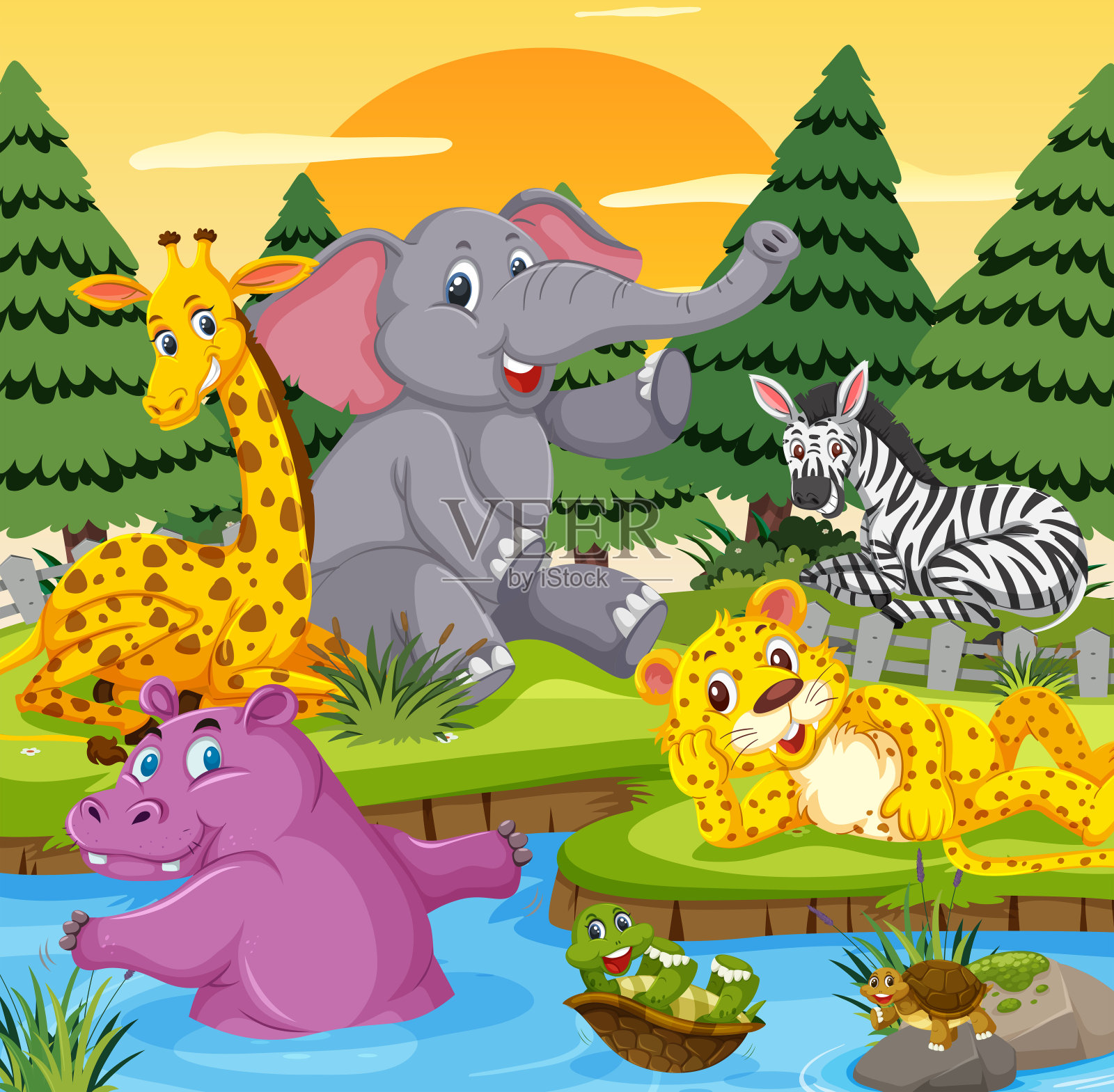 河里有野生动物插画图片素材
