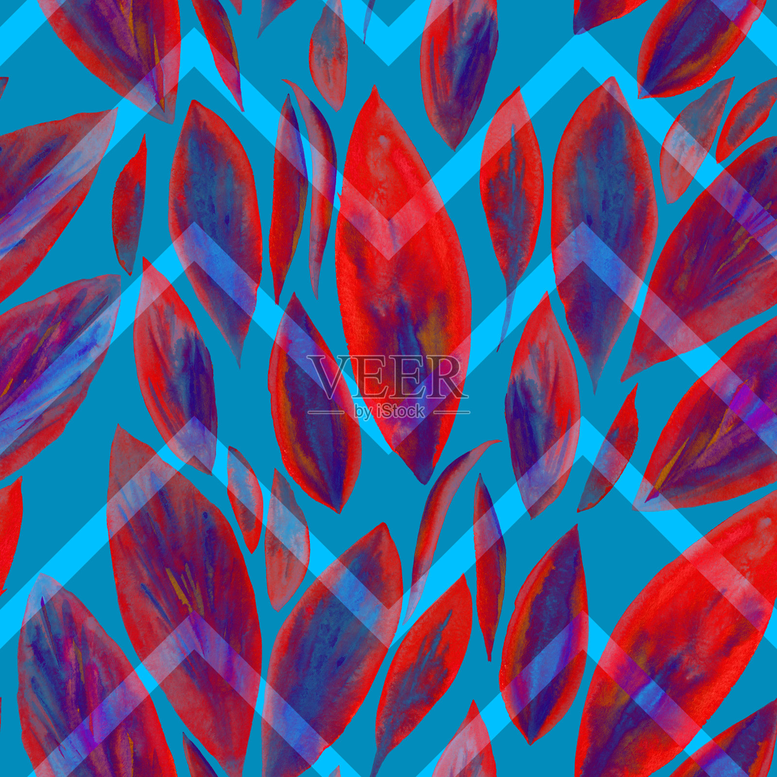 蓝色叶子图案水彩背景。水彩画蓝红色繁茂的树叶虫草。热带植物墙纸。插画图片素材