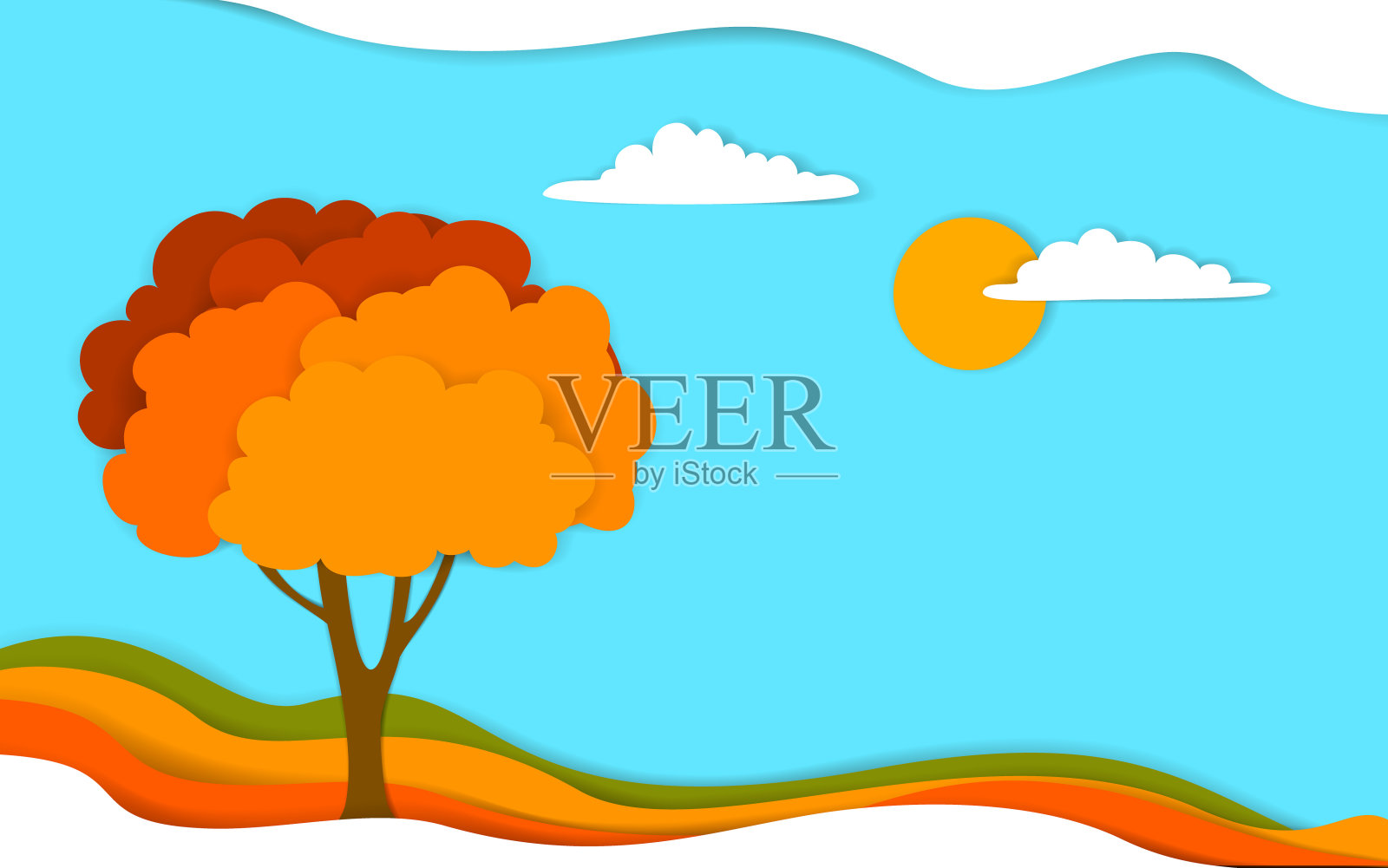 秋天的秋天树景观在数字分层效果剪纸风格矢量插图插画图片素材