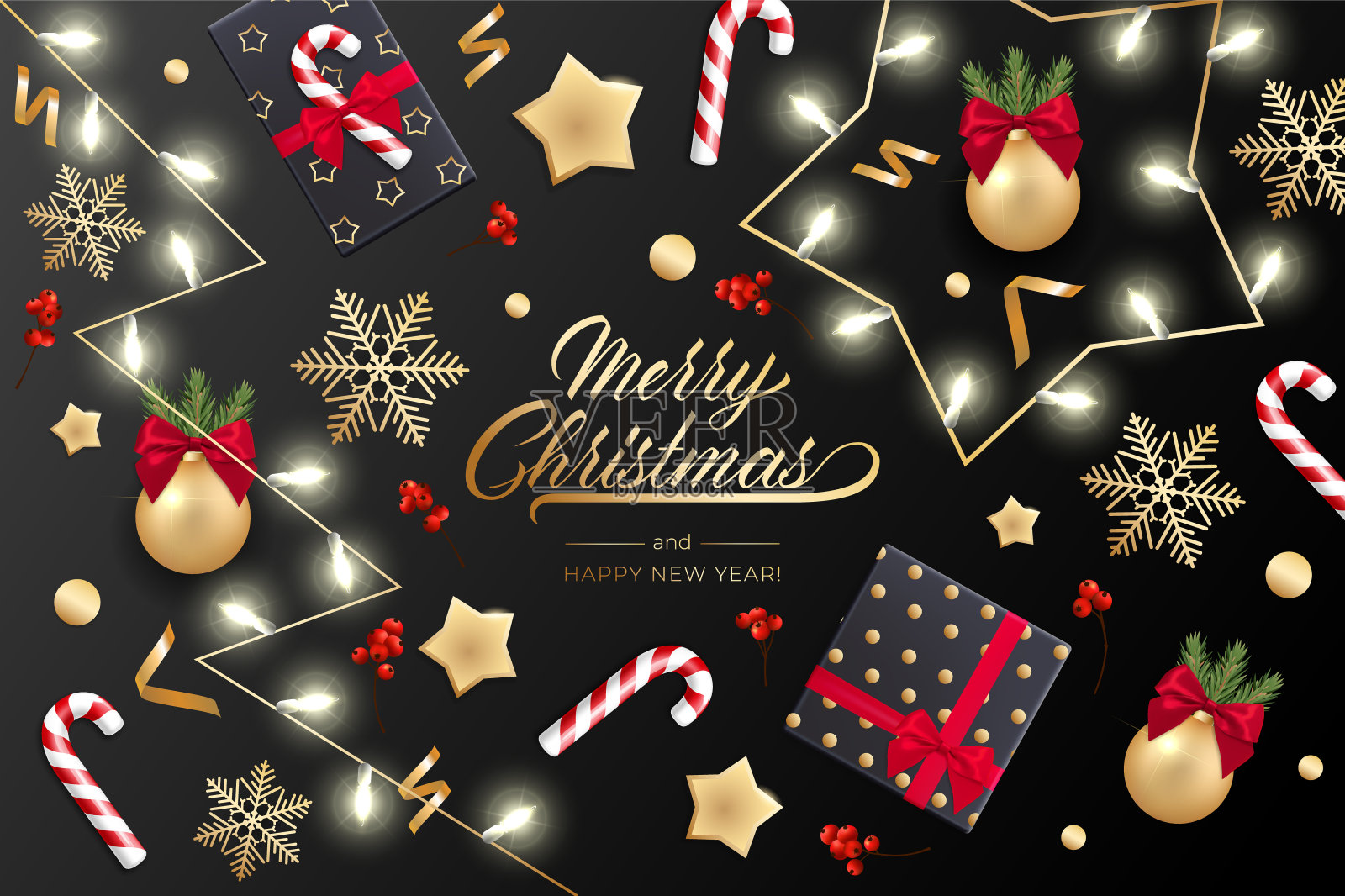 圣诞贺卡的节日背景与现实的彩色花环的松树树枝，装饰着圣诞灯，金色的星星，雪花设计模板素材