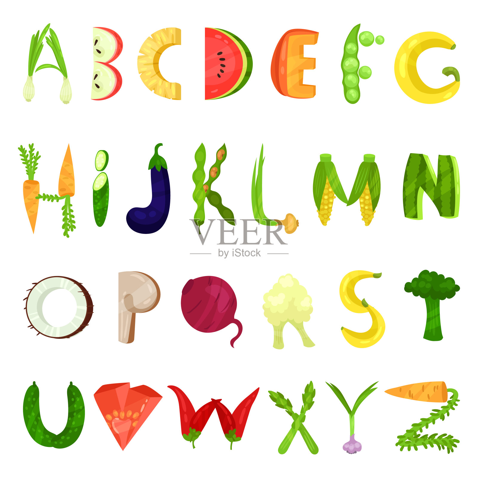 蔬菜英文字母由新鲜蔬菜矢量插图上的白色背景插画图片素材