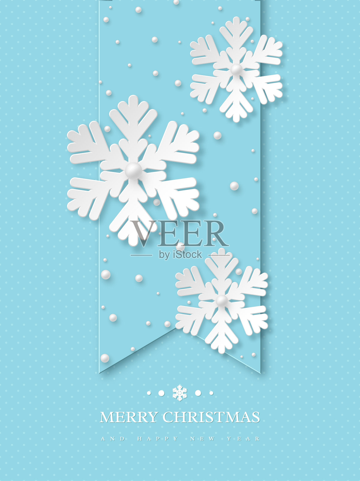 圣诞节日设计用剪纸风格的雪花和珍珠。蓝色虚线背景与问候文本，矢量插图。插画图片素材