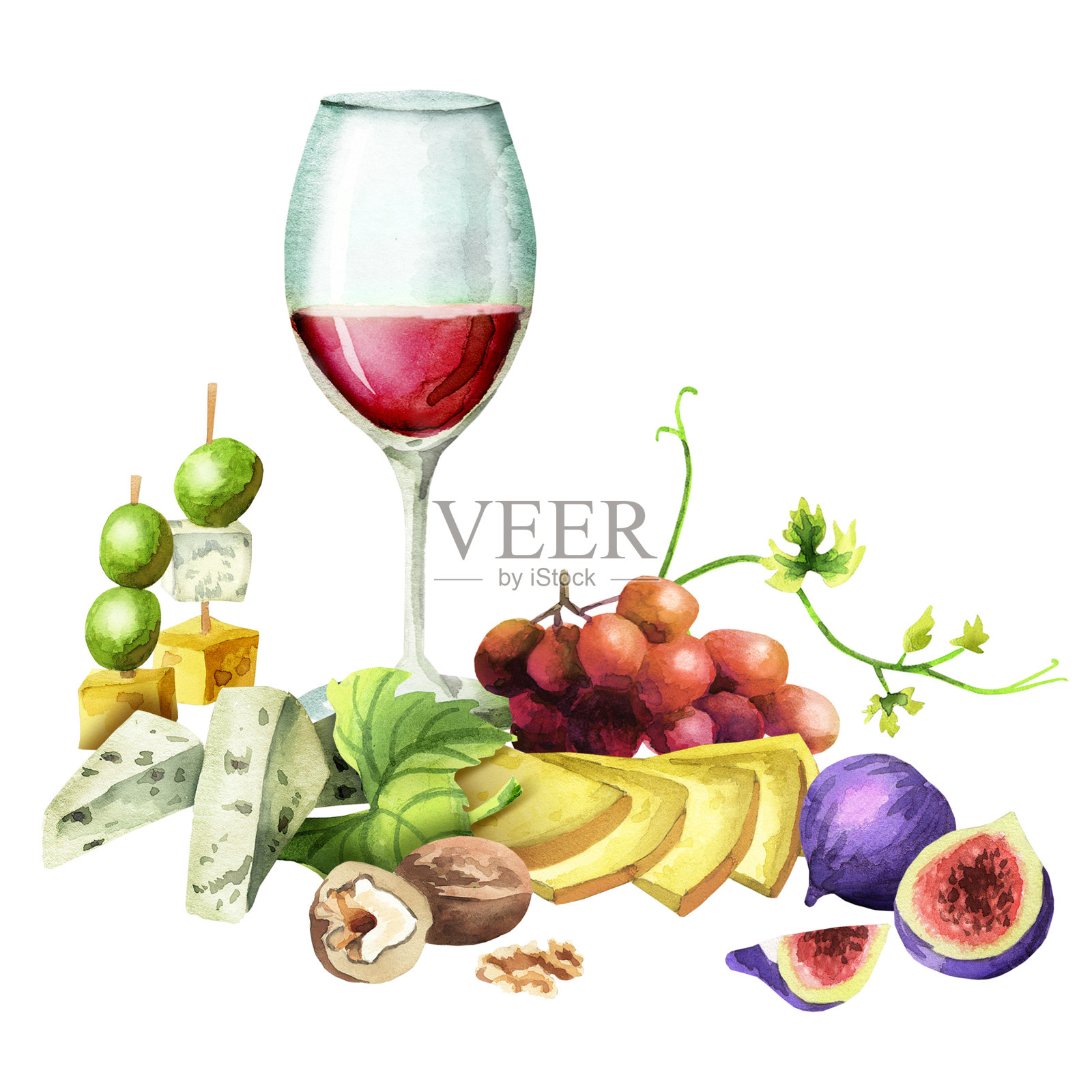 零食对葡萄酒。水彩插画图片素材