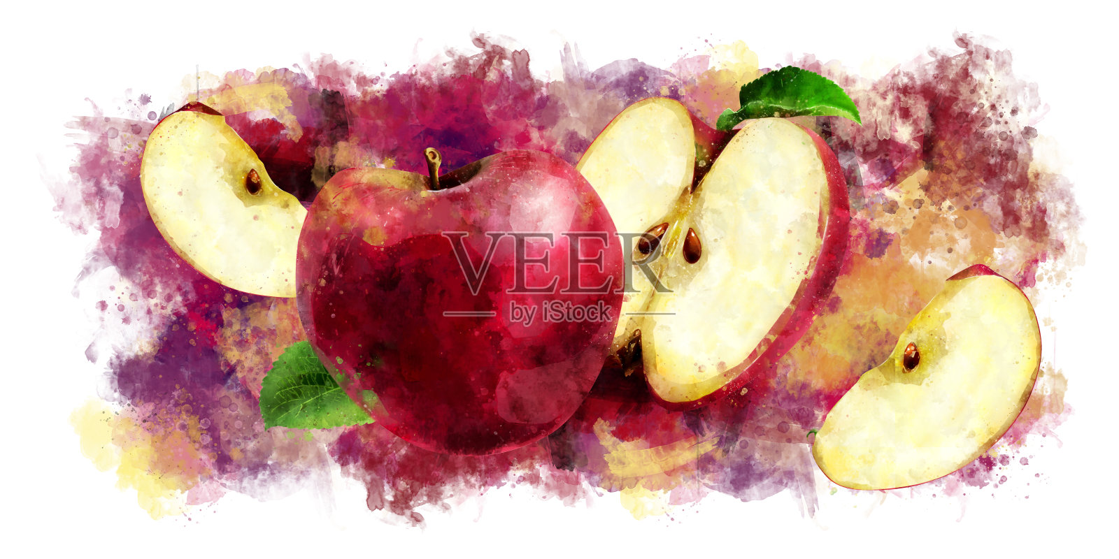 白色背景上的红苹果。水彩插图设计元素图片