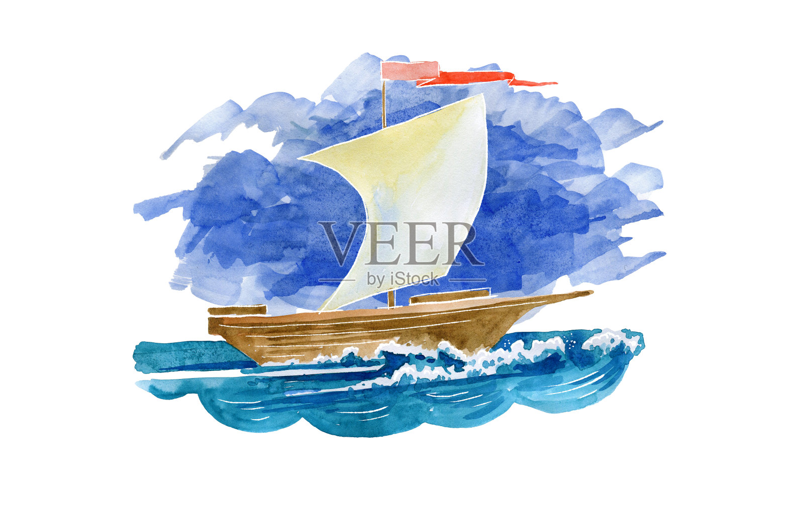 蓝天背景下的帆船。Watercolorillustration插画图片素材