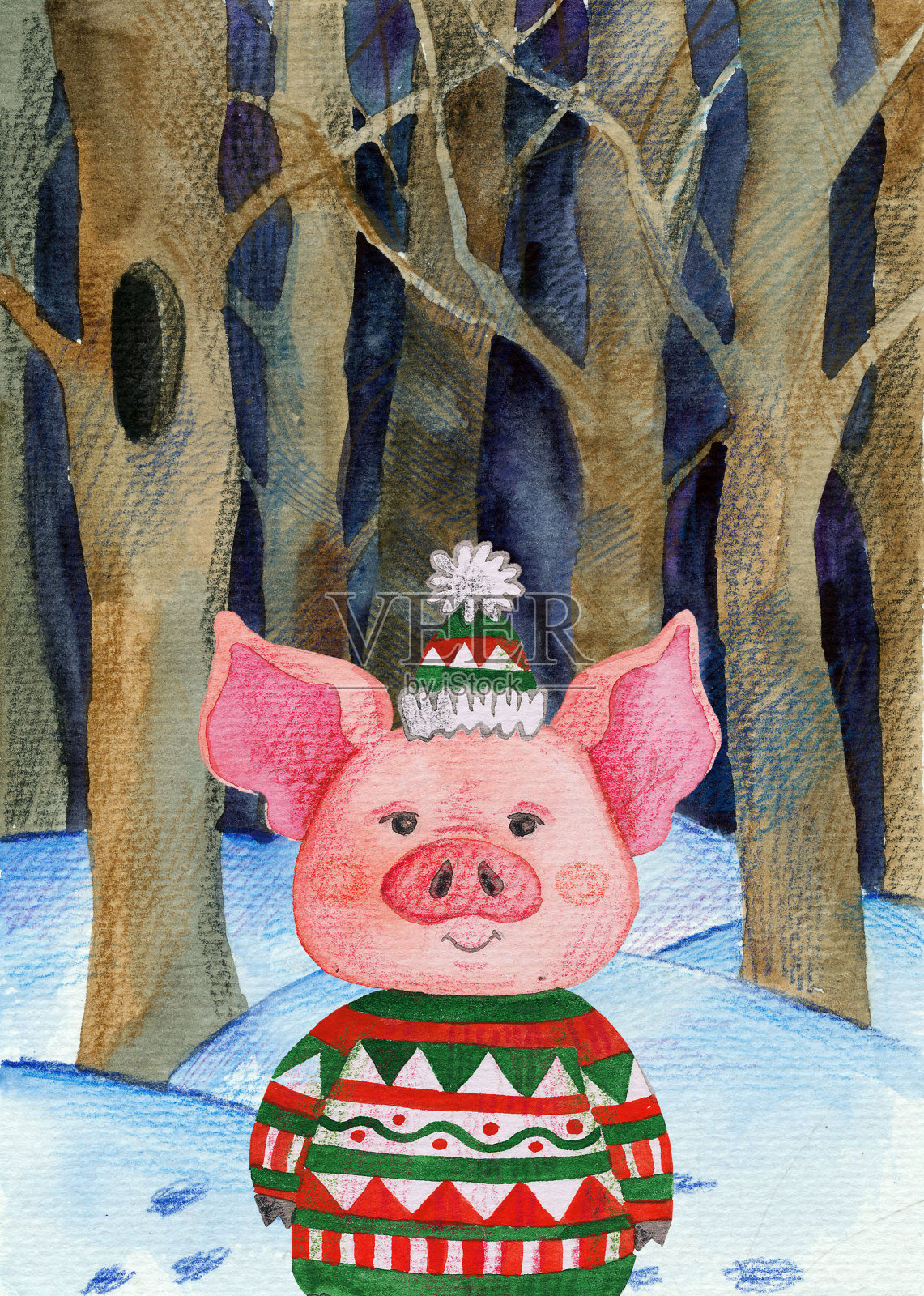 水彩画的冬天的森林和猪在一件毛衣。猪是2019年的象征。小猪戴着帽子，穿着夹克插画图片素材