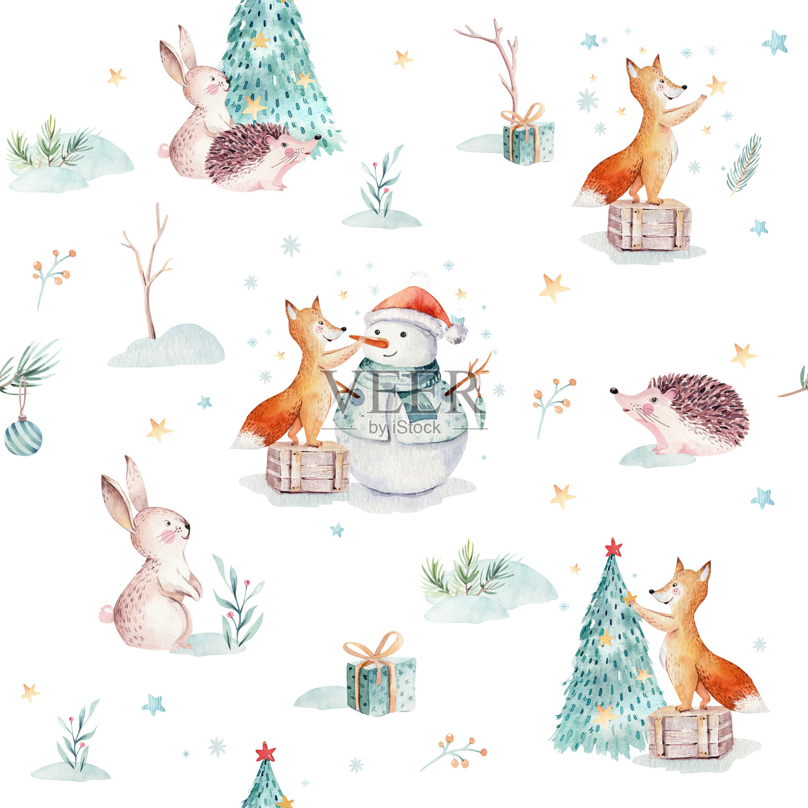 水彩圣诞快乐无缝图案礼品，雪人，节日可爱动物狐狸，兔子和刺猬。圣诞树庆祝纸。冬季新年设计。插画图片素材