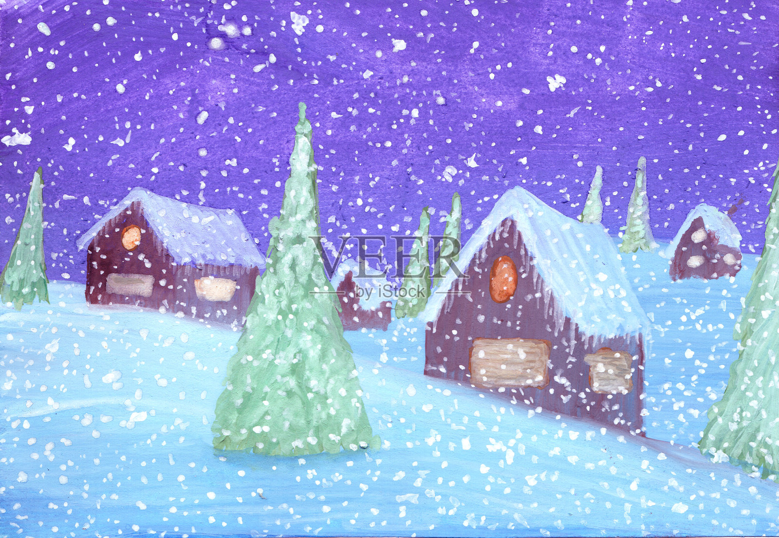 冬天。白雪皑皑的房子和水粉画上的冷杉树插画图片素材