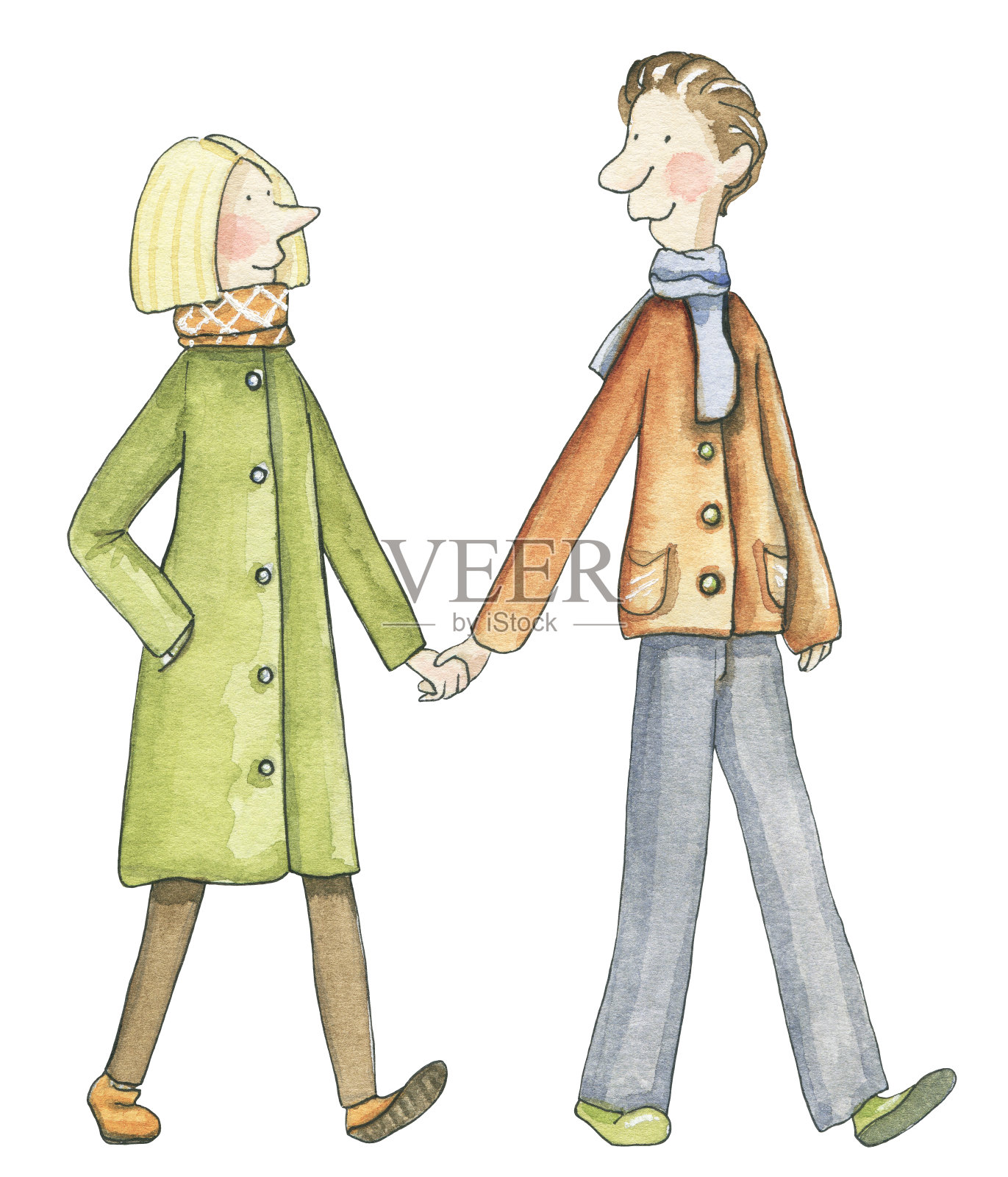 水彩夫妇散步和手牵手插画图片素材
