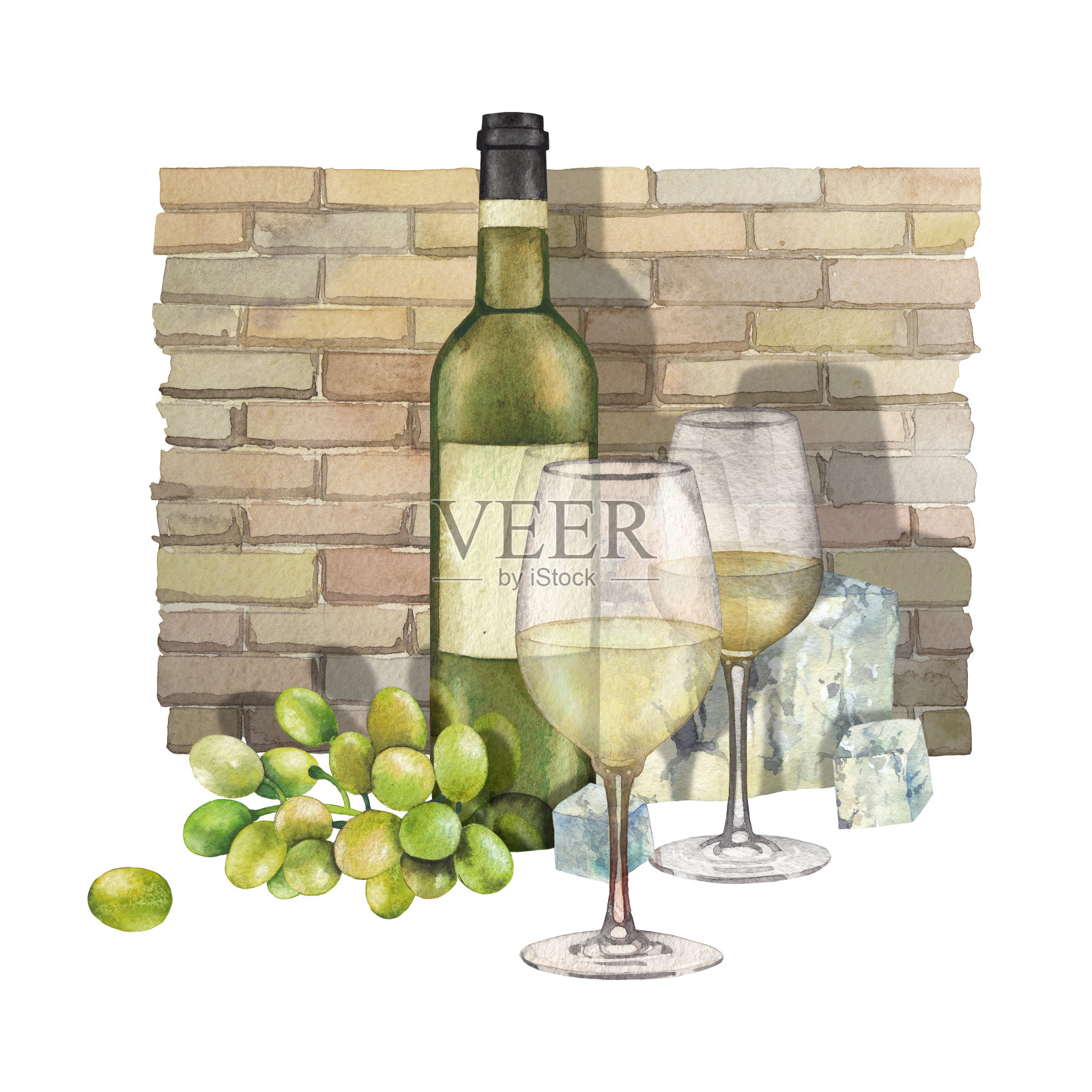 两杯水彩白葡萄酒，瓶子，白葡萄和奶酪插画图片素材